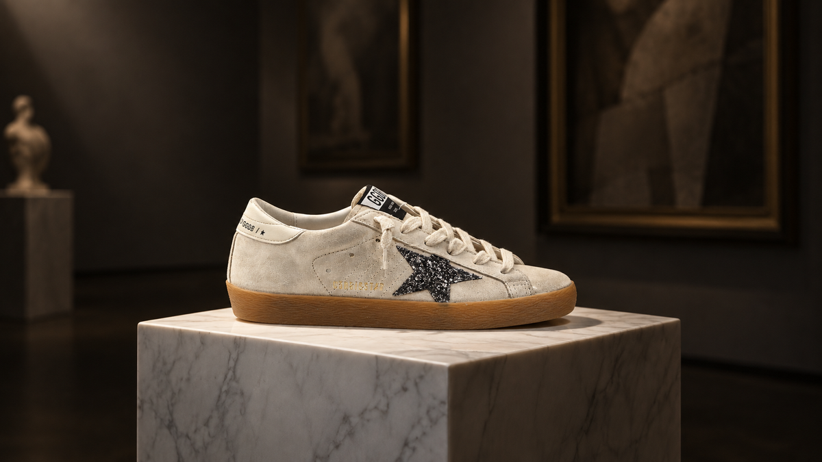 Golden Goose Super-Star sneaker on marble pedestal, editorial still