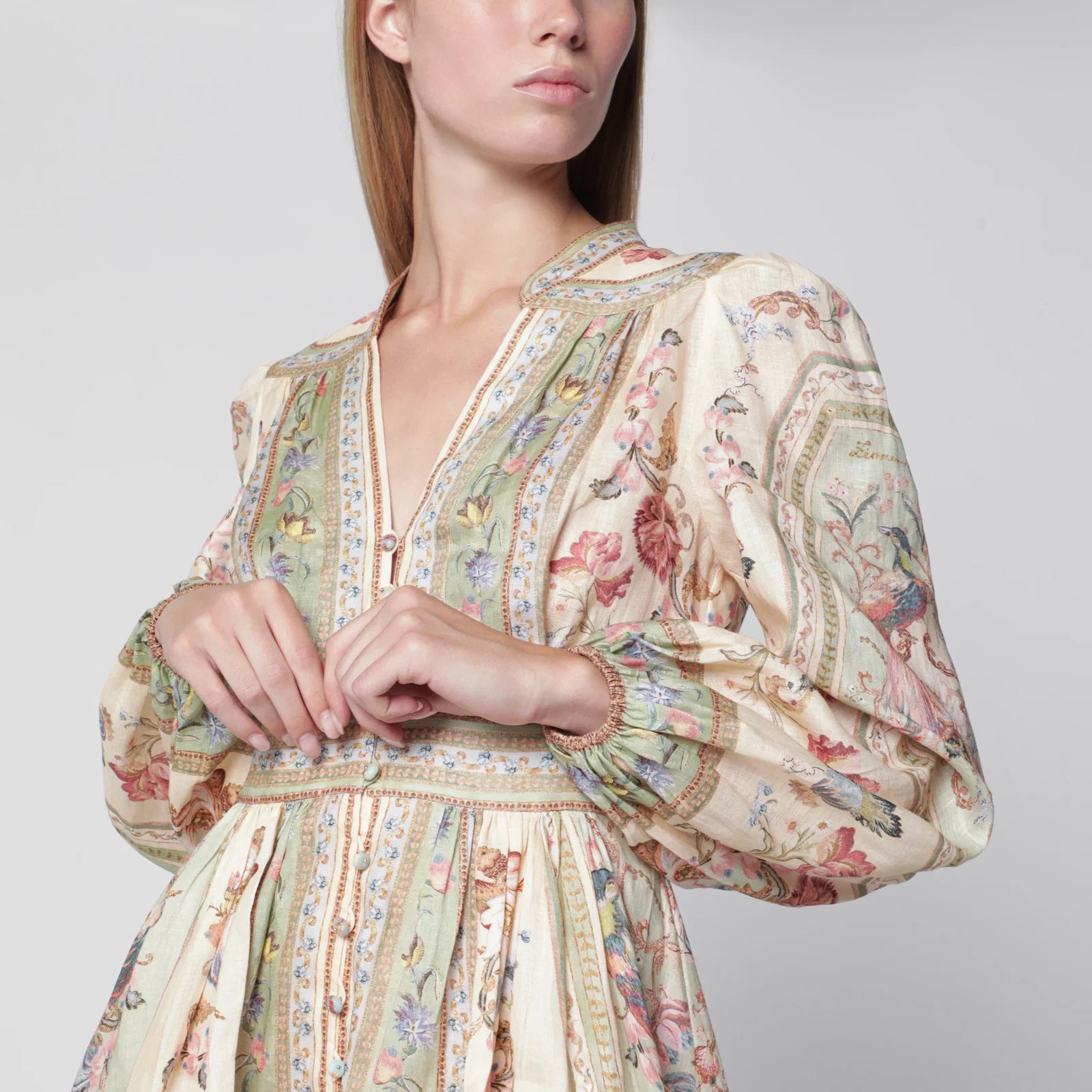 ZIMMERMANN Roselight Mini Dress in Sage Floral Linen