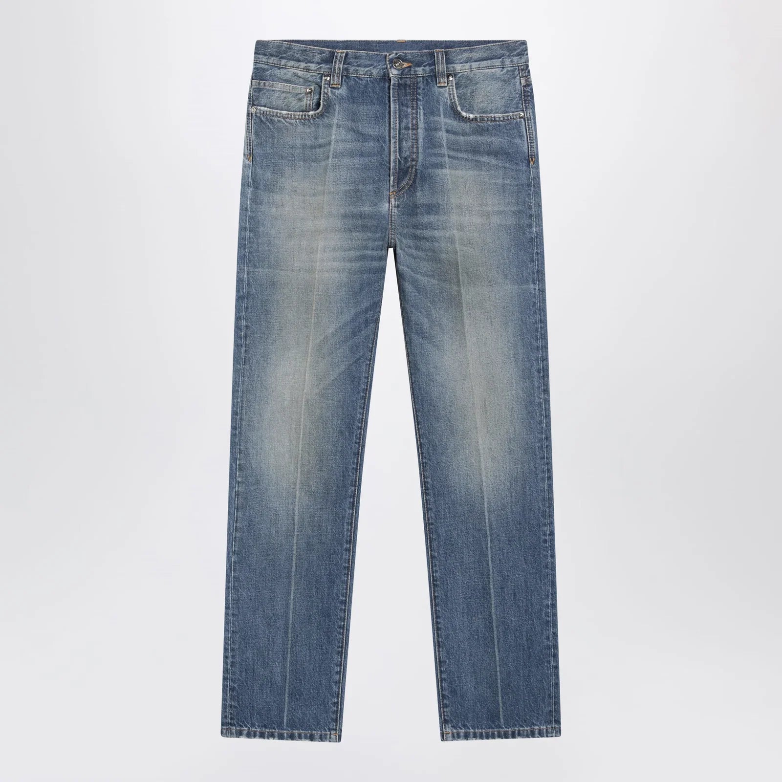 Versace Distressed Straight-Leg Jeans in Blue Denim