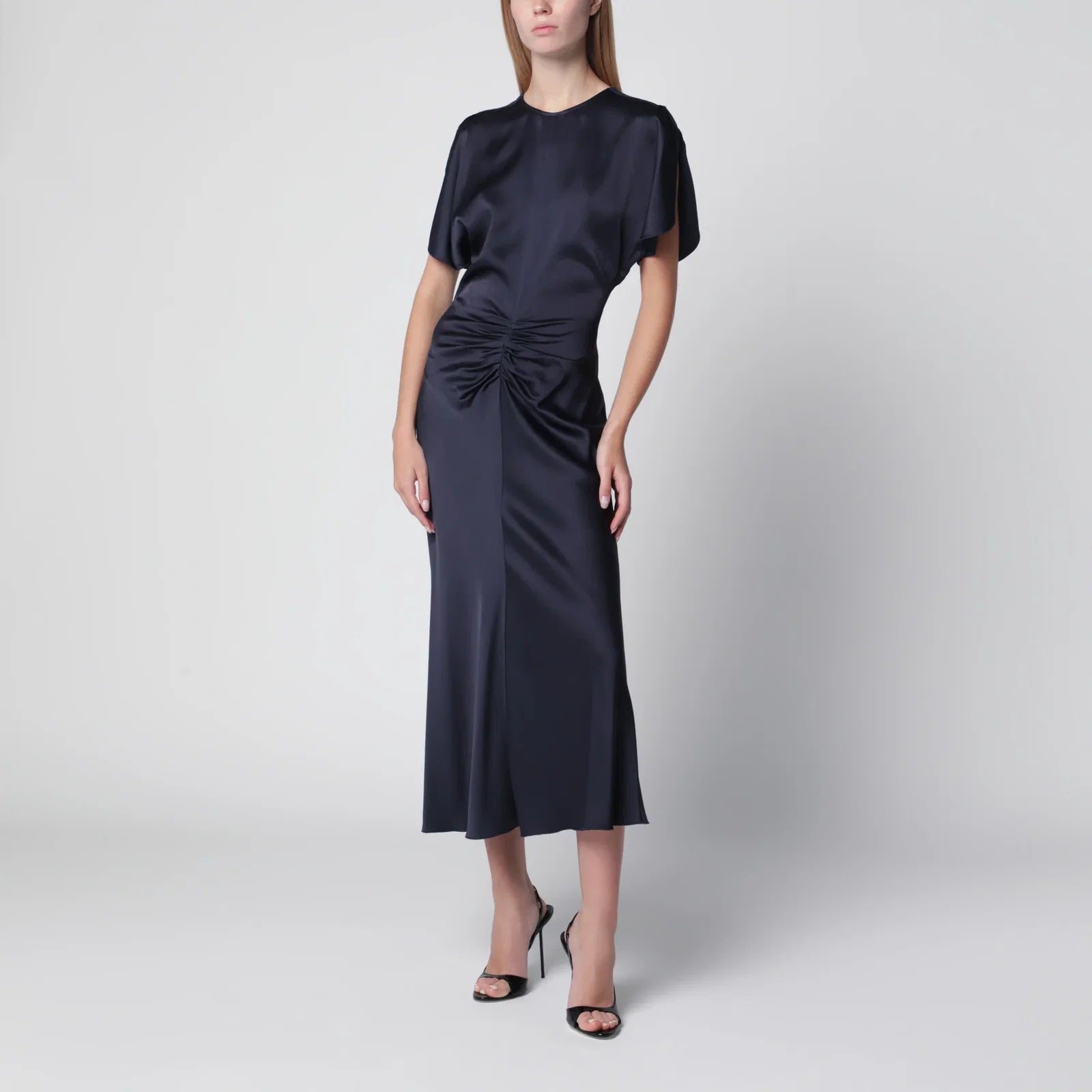 Victoria Beckham Bela Midi Dress in Midnight Satin Crêpe