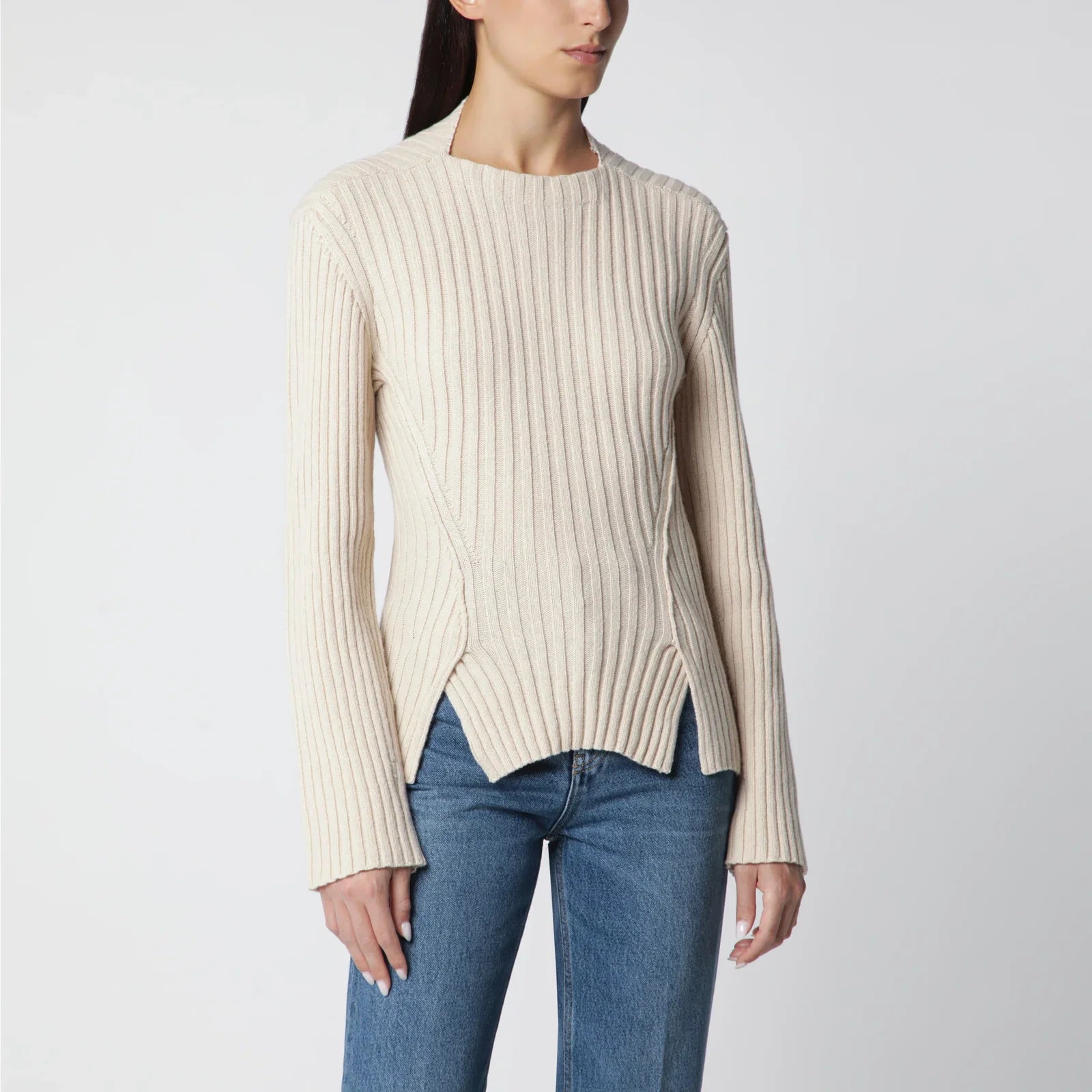 Victoria Beckham Ribbed Sweater in Beige Wool and Cashmere