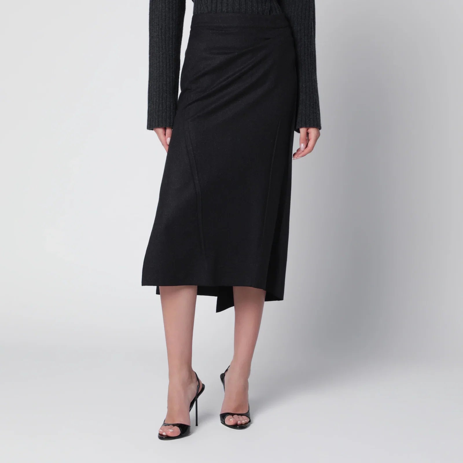 Victoria Beckham Pressed Midi Skirt in Dark Grey Wool and Mohair
