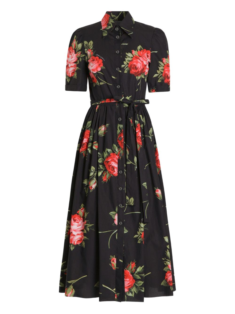 Dolce & Gabbana- floral-print belted midi dress in black cotton