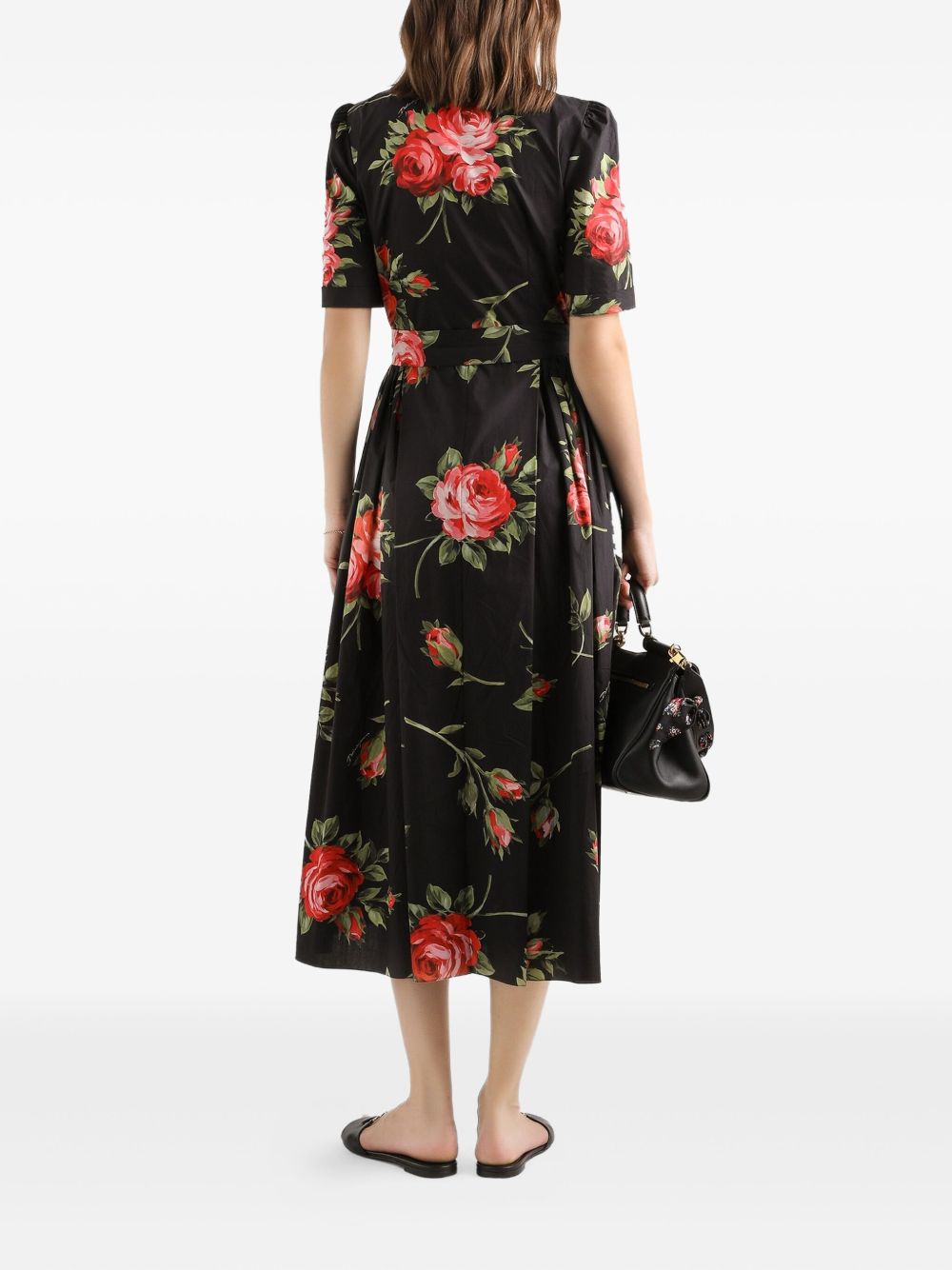Dolce & Gabbana- floral-print belted midi dress in black cotton