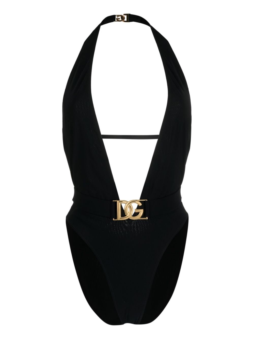 Dolce & Gabbana-black plunge-neck belted one-piece swimsuit