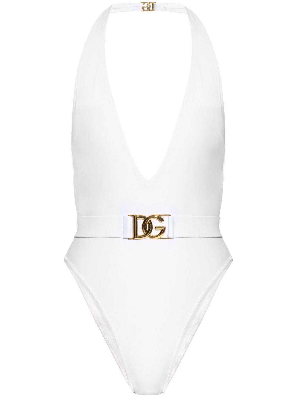 Dolce & Gabbana-white plunge-neck belted one-piece swimsuit