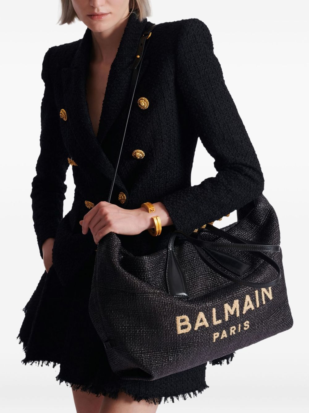 Balmain Track Tote Bag In Raffia And Calfskin