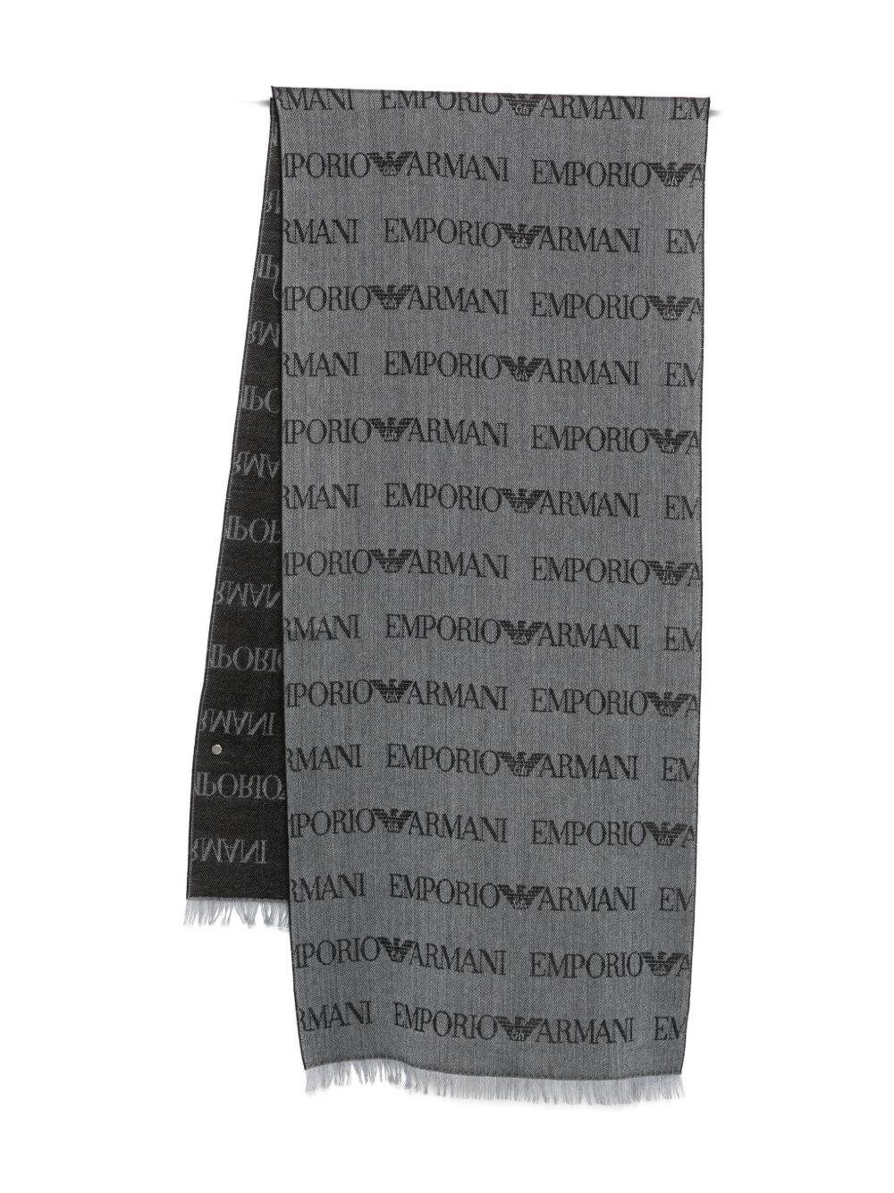Emporio Armani Virgin Wool Blend Scarf With Jacquard Lettering Logo And Fringes