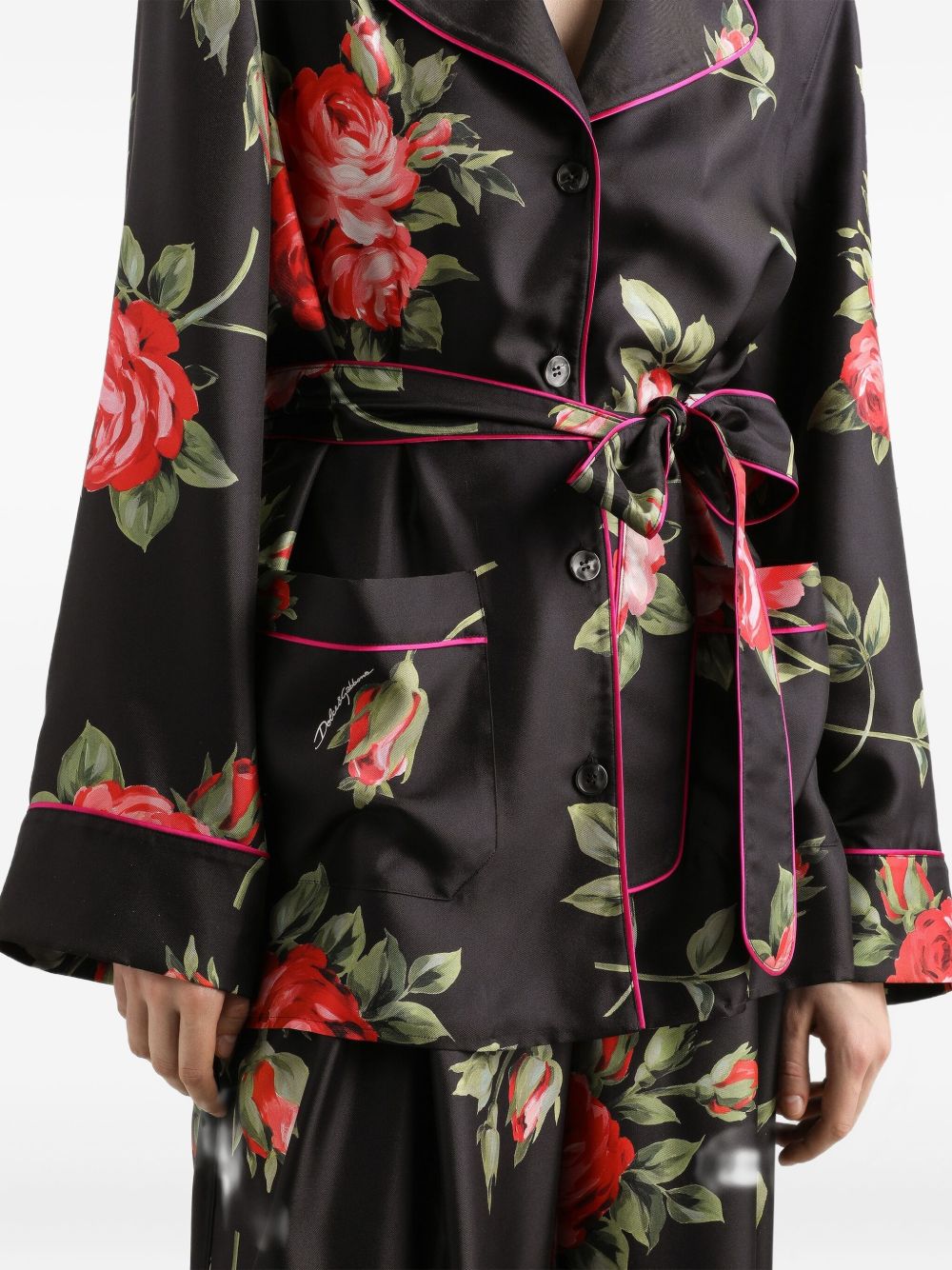 Dolce & Gabbana-black silk floral-print belted shirt