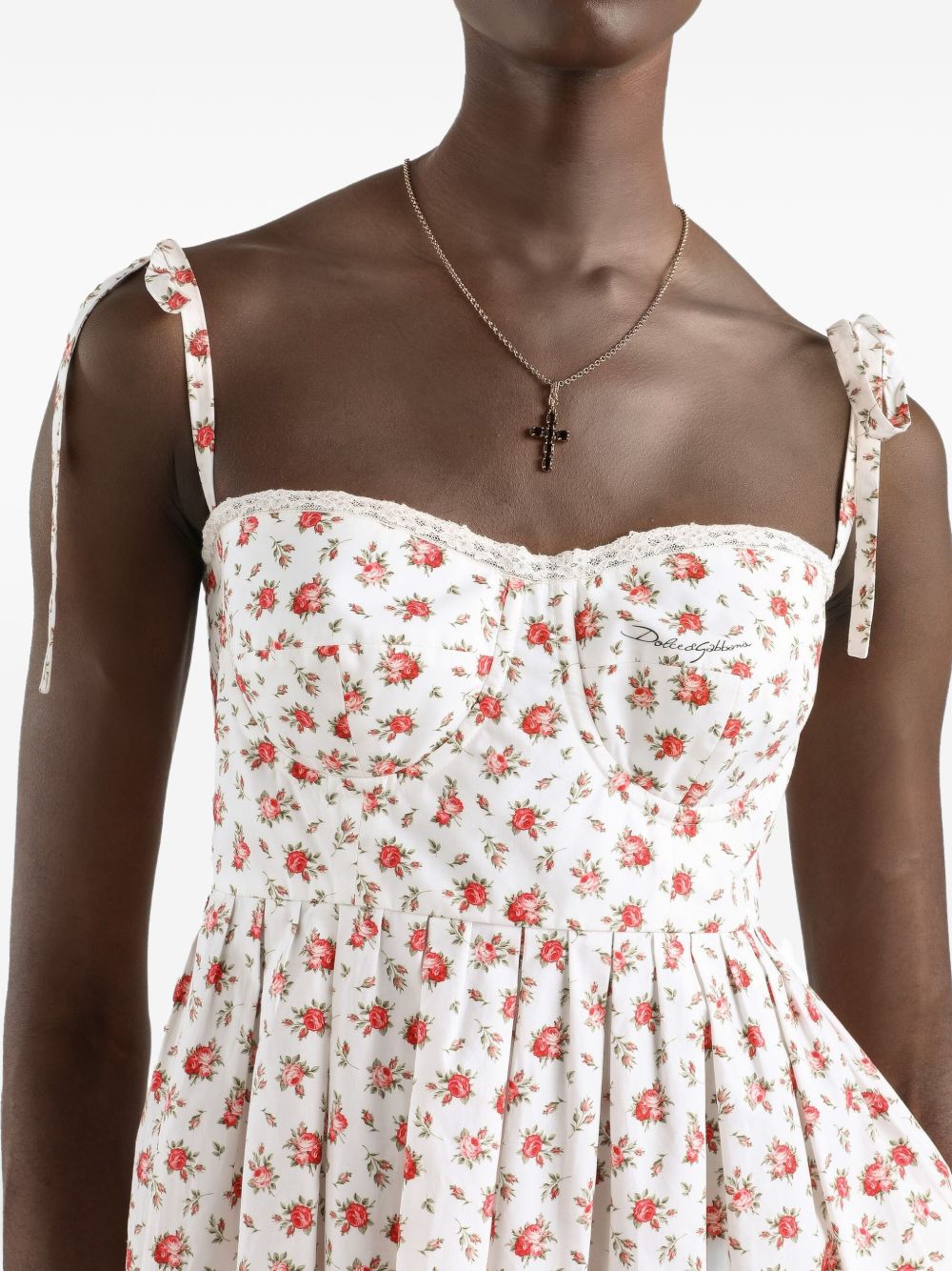 Dolce & Gabbana-Lace-trimmed floral-print cotton-blend poplin bustier mini dress