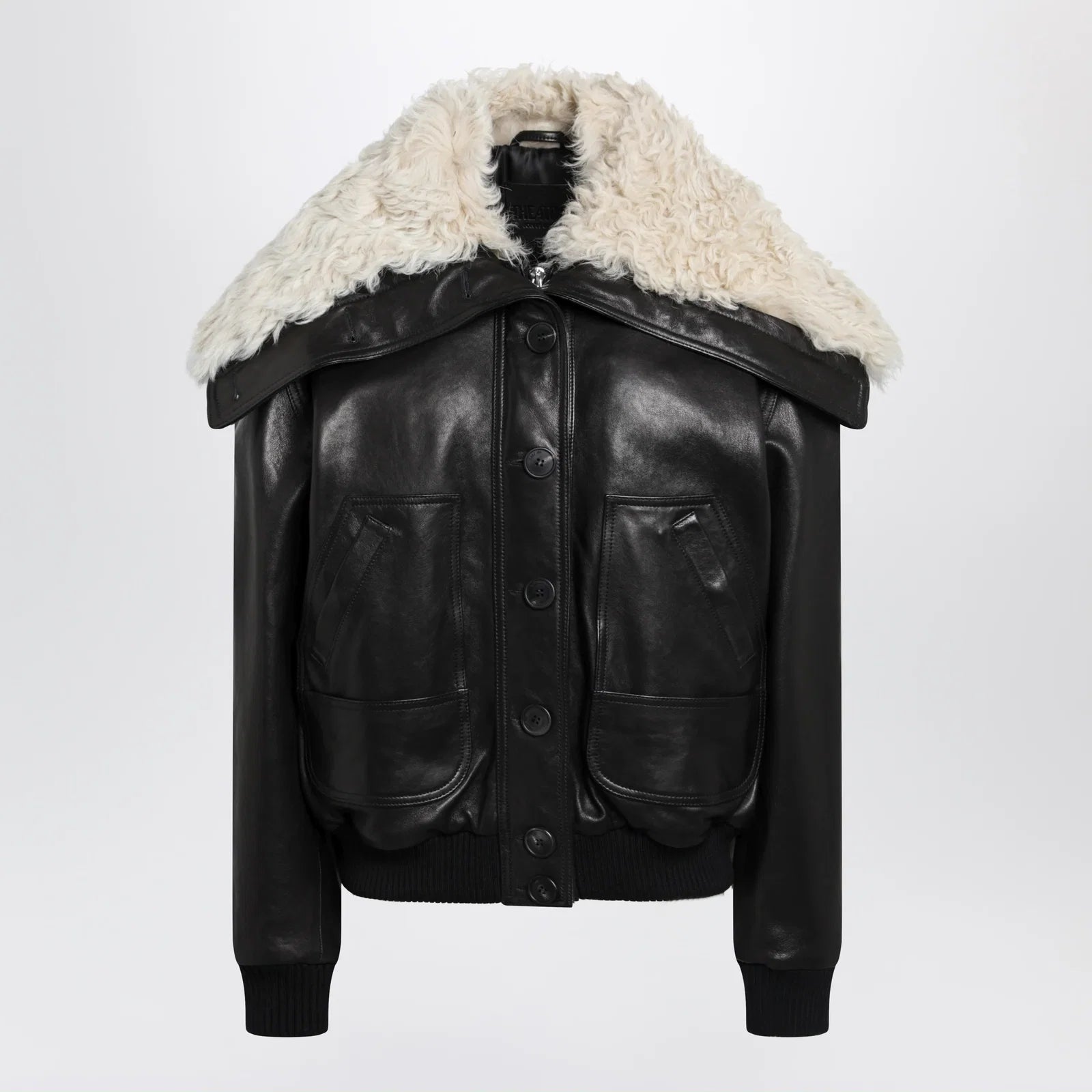 The Attico Black leather bomber jacket with shearling collar
