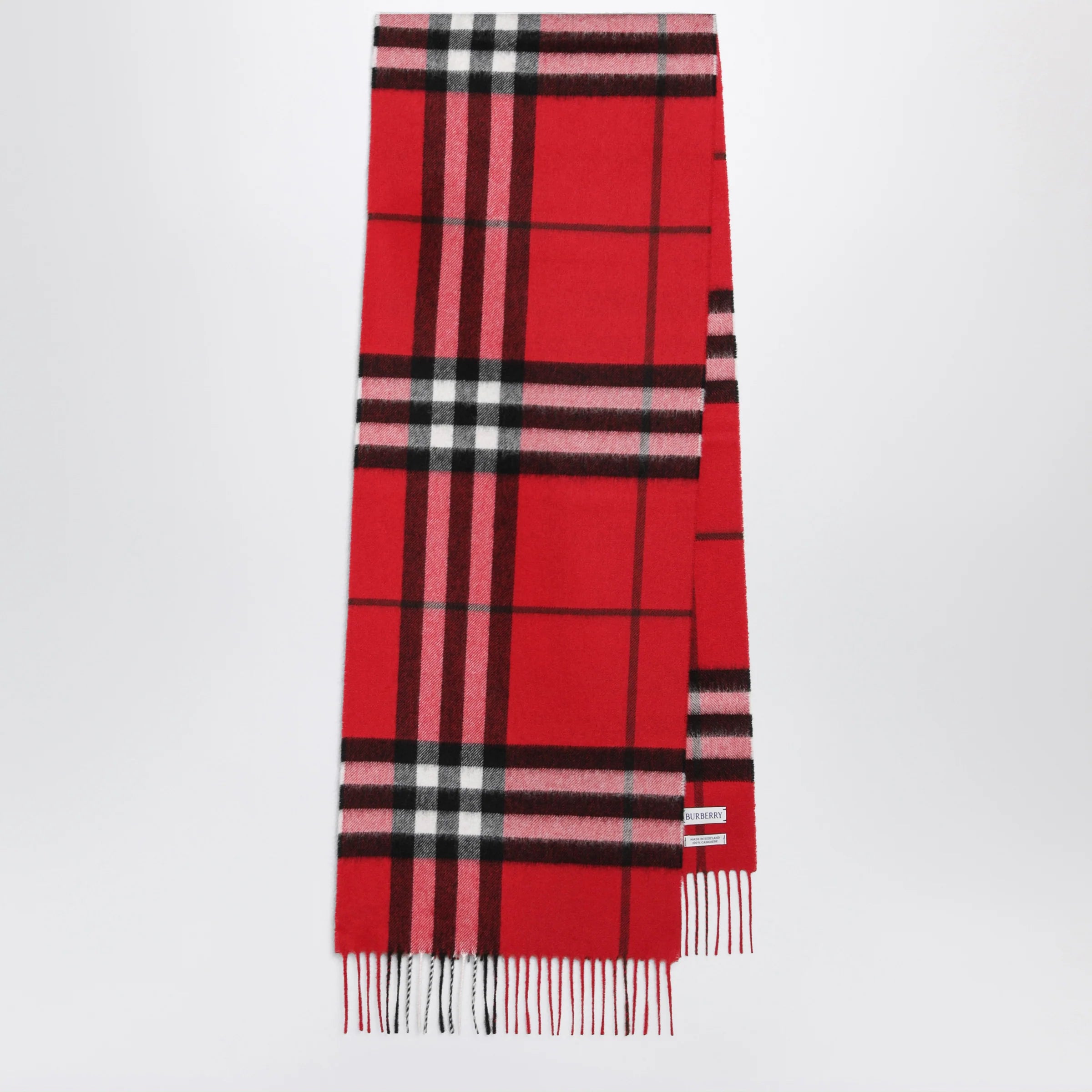 Burberry Check cashmere scarf with fringes in Post Red