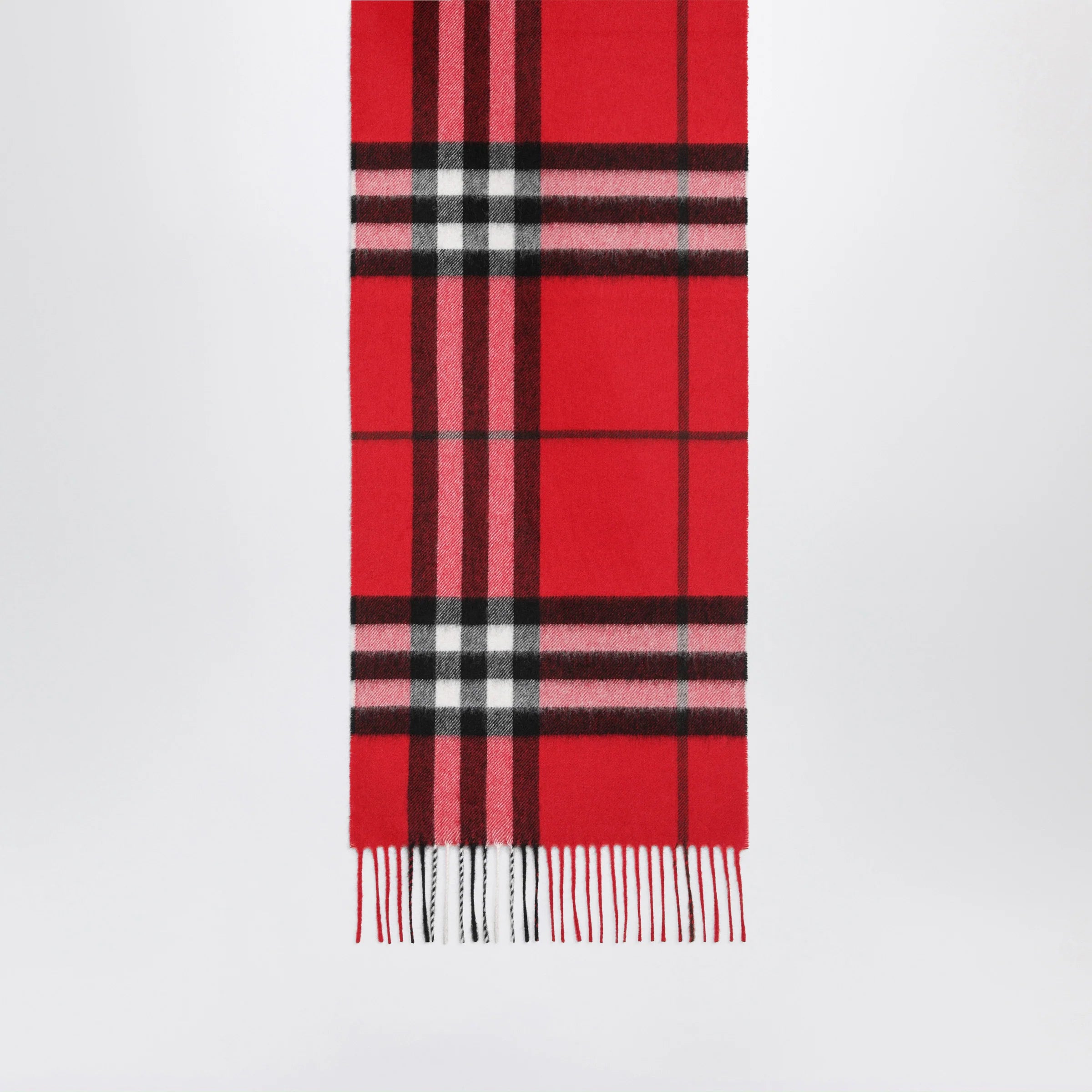 Burberry Check cashmere scarf with fringes in Post Red