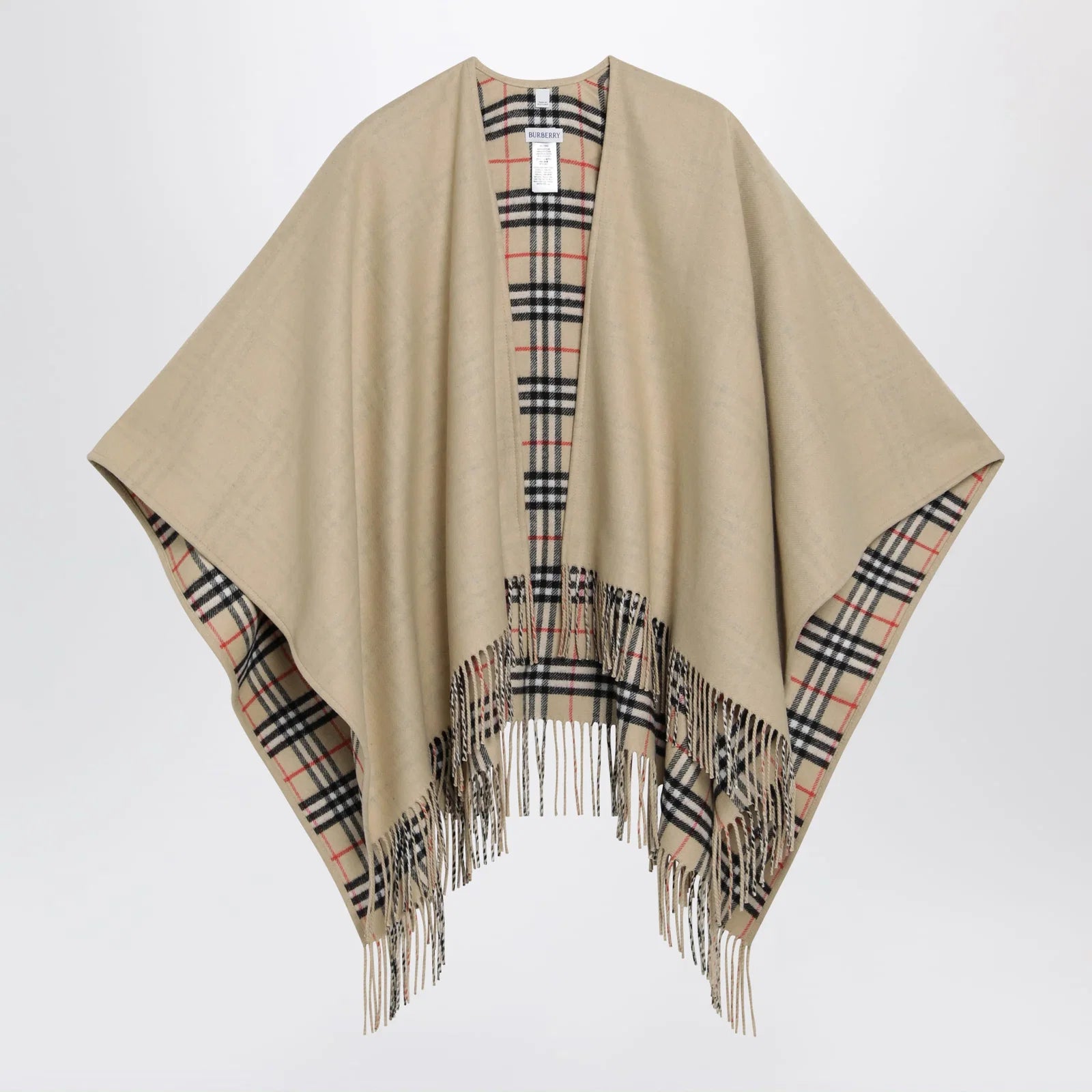 Burberry Reversible wool check cape with fringes in sand beige