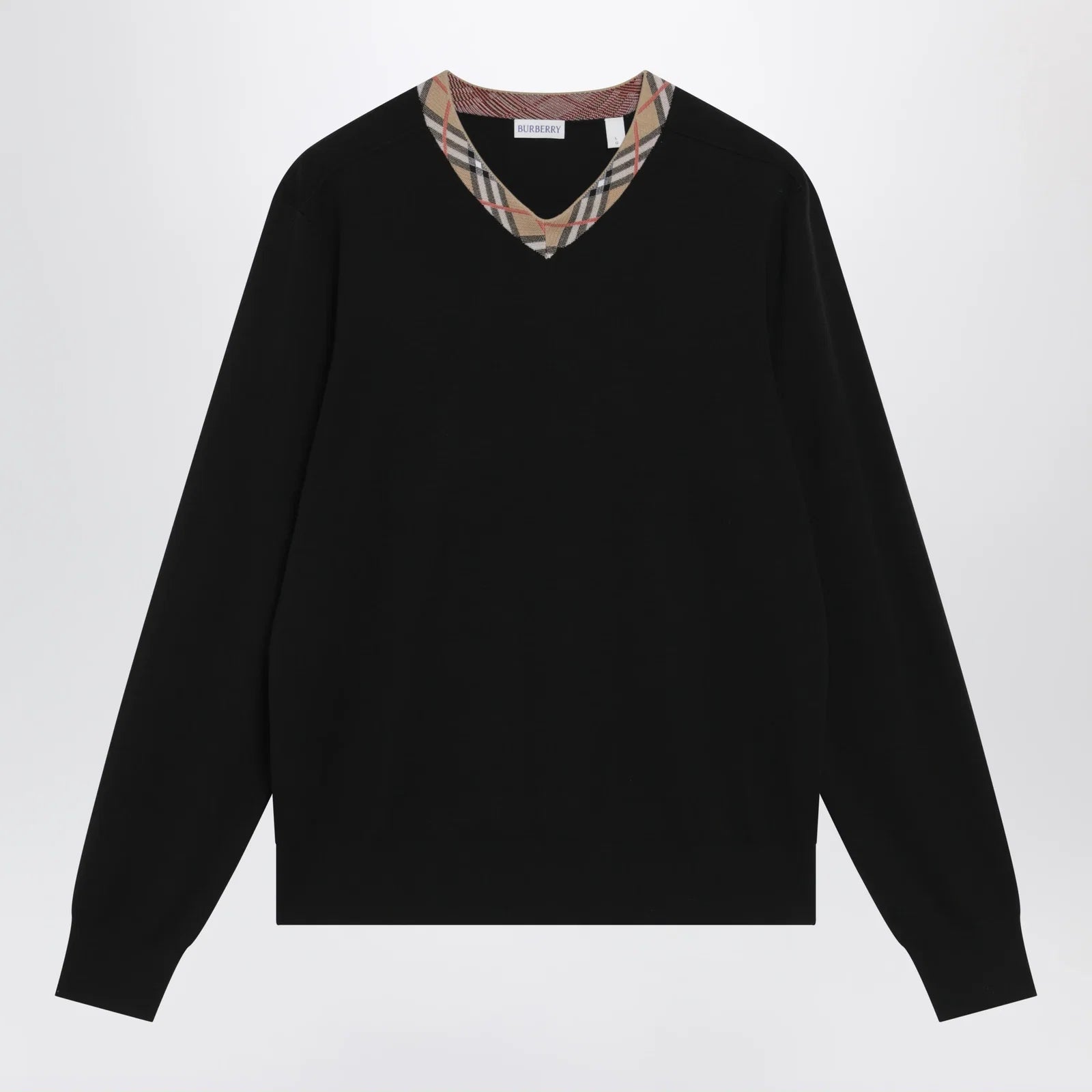 Burberry Black wool sweater with Check motif neckline