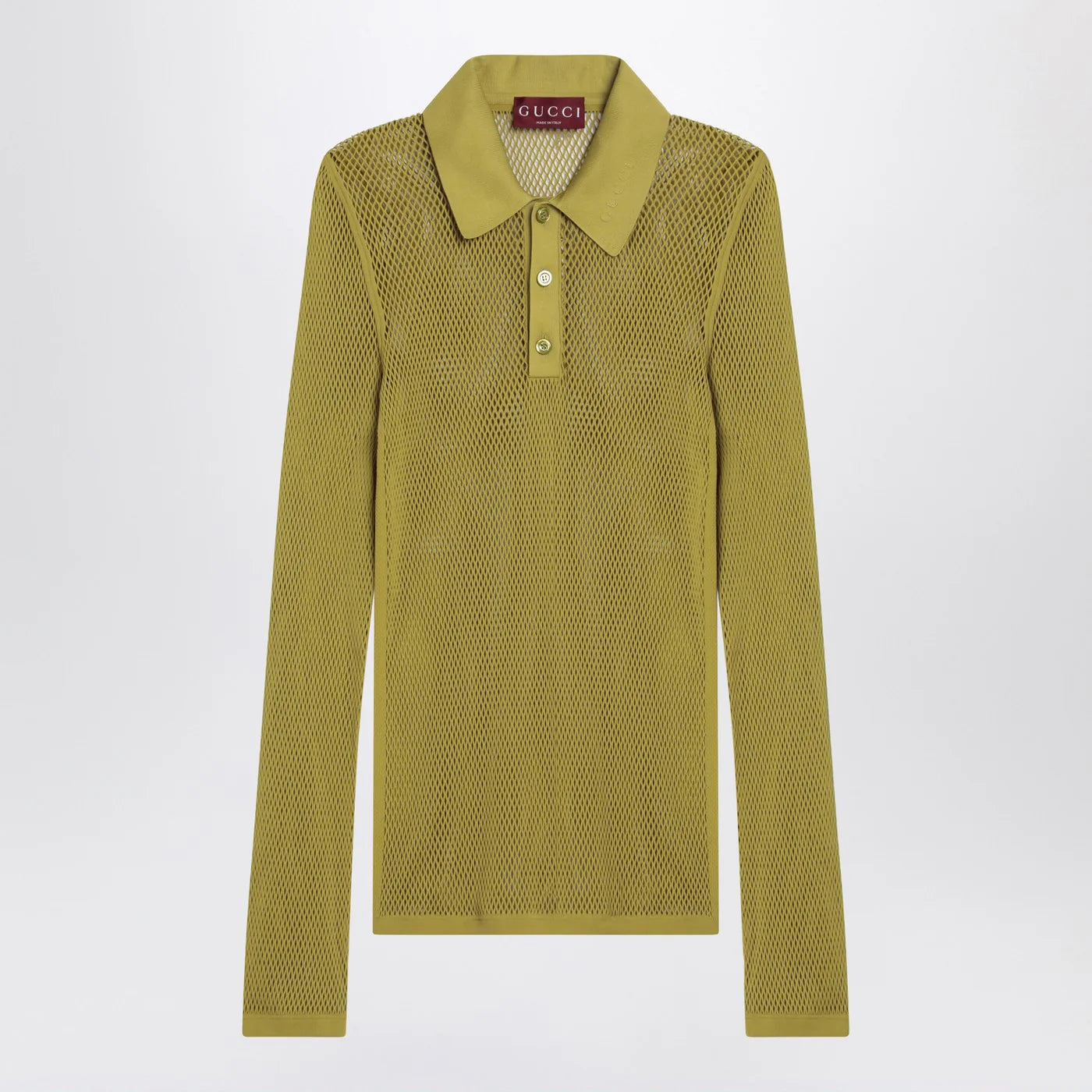 GUCCI Pistachio green perforated technical knit polo