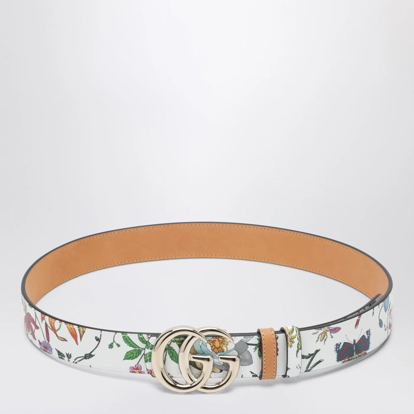 GUCCI GG Marmont reversible belt in brown/white leather with Flora print