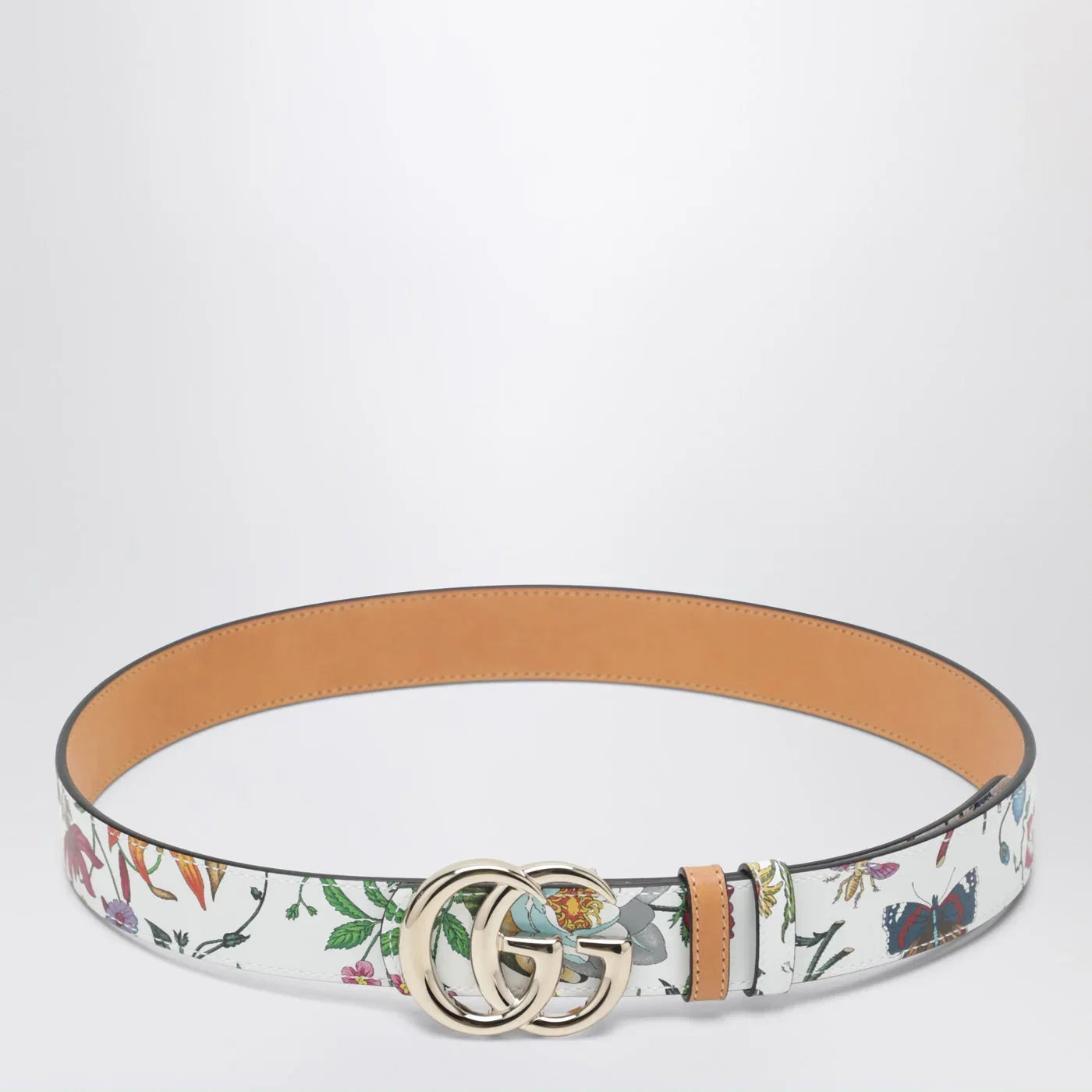 GUCCI GG Marmont reversible belt in brown/white leather with Flora print