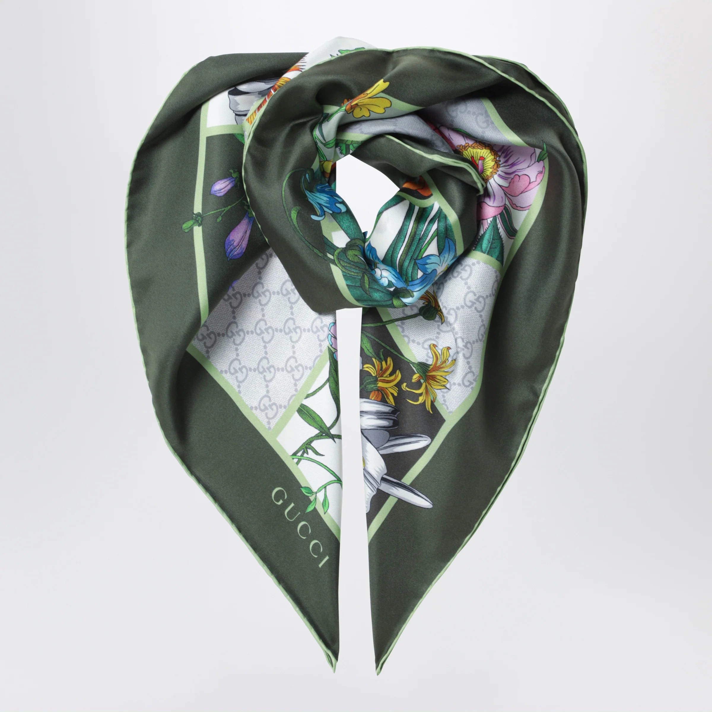 GUCCI Green silk twill scarf with Flora print