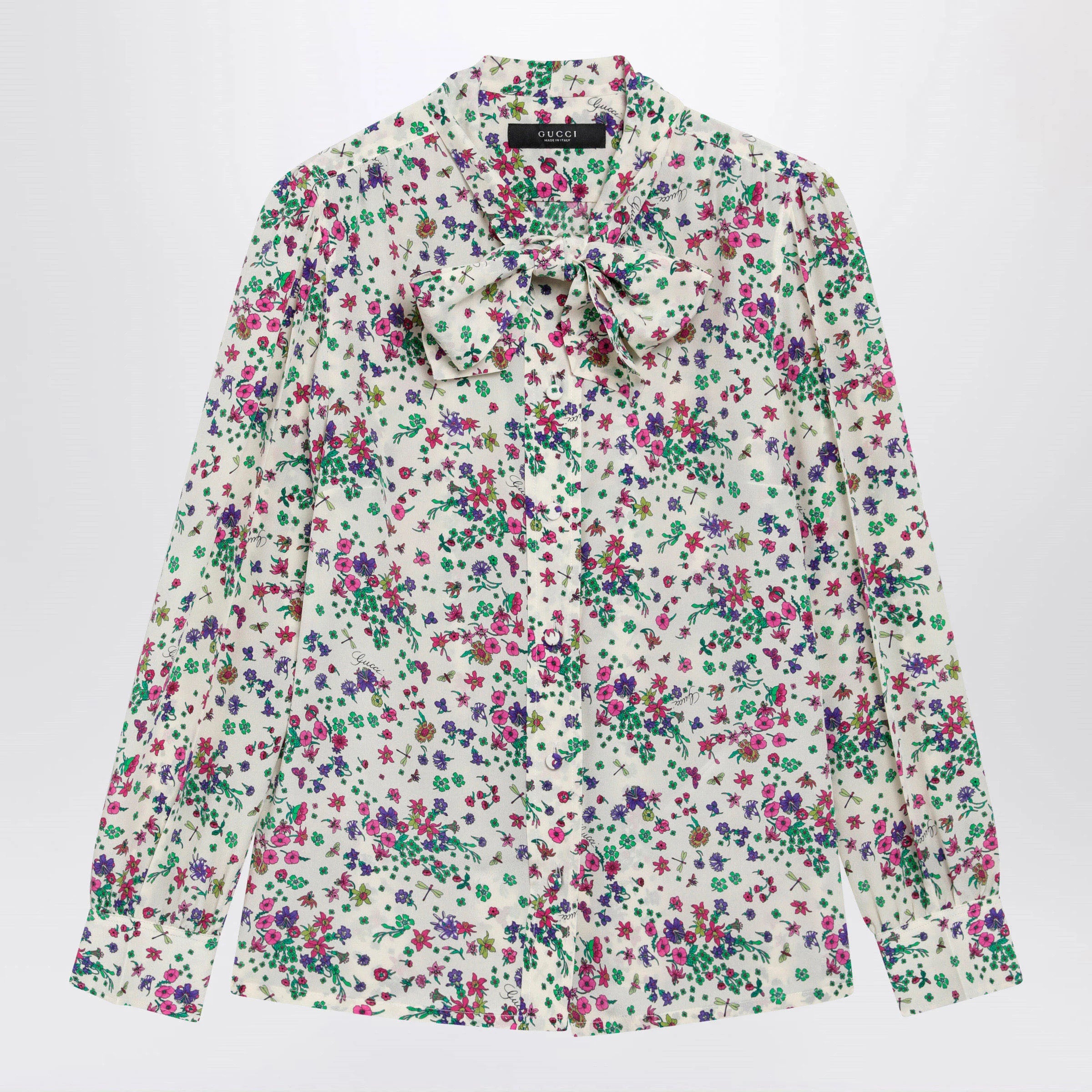 GUCCI Printed silk shirt with bow in ivory/pink