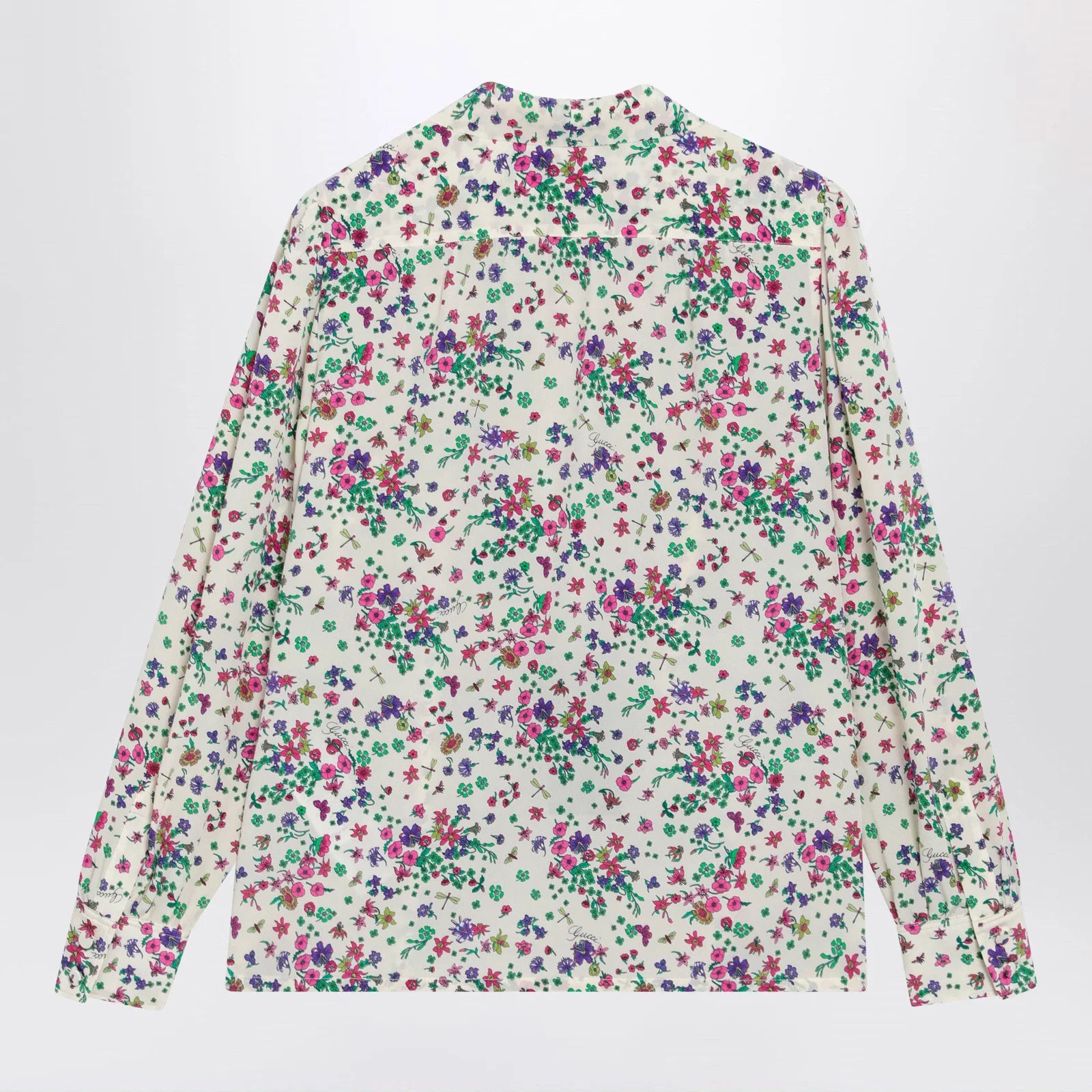 GUCCI Printed silk shirt with bow in ivory/pink