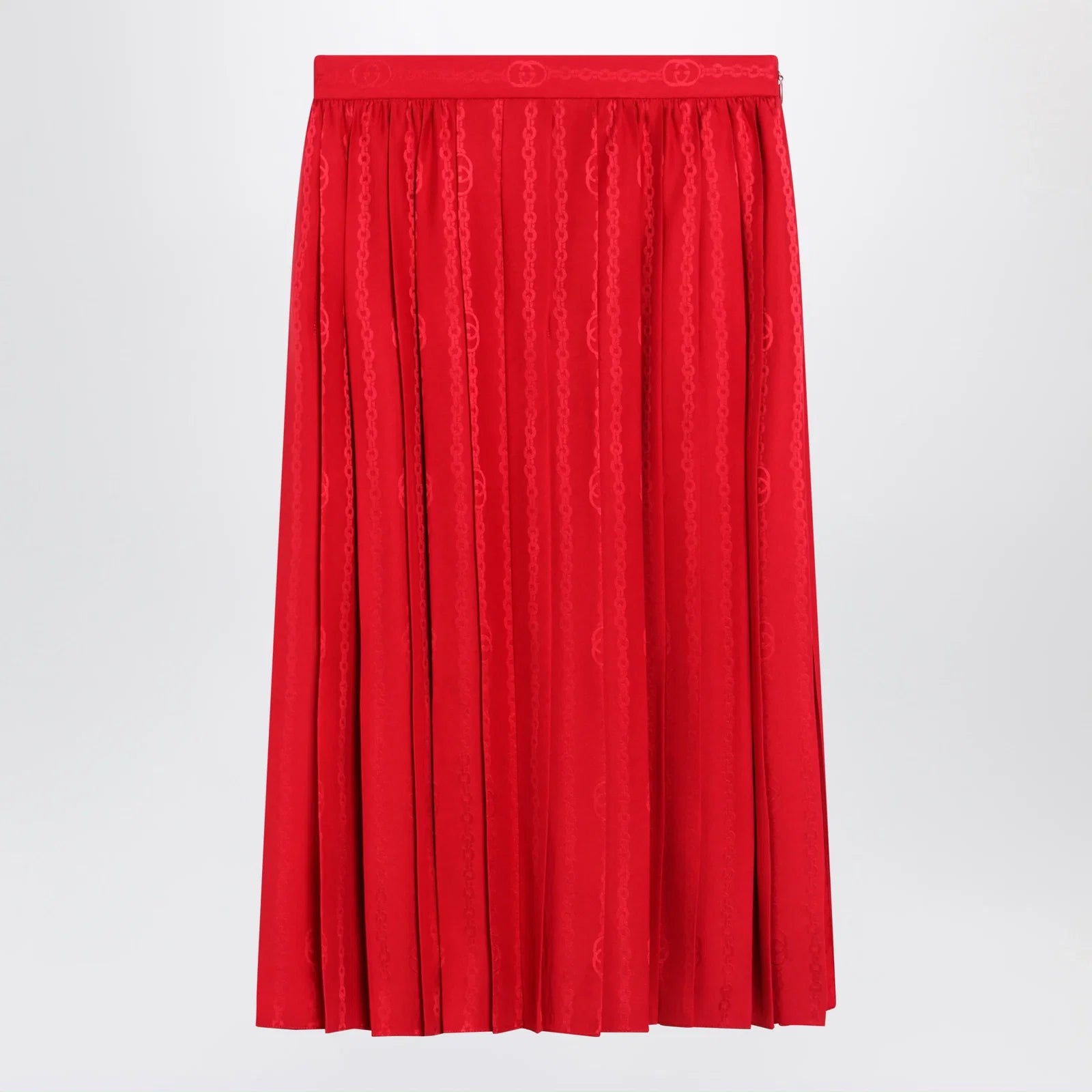 GUCCI Pleated silk jacquard midi skirt with GG chain in Fire