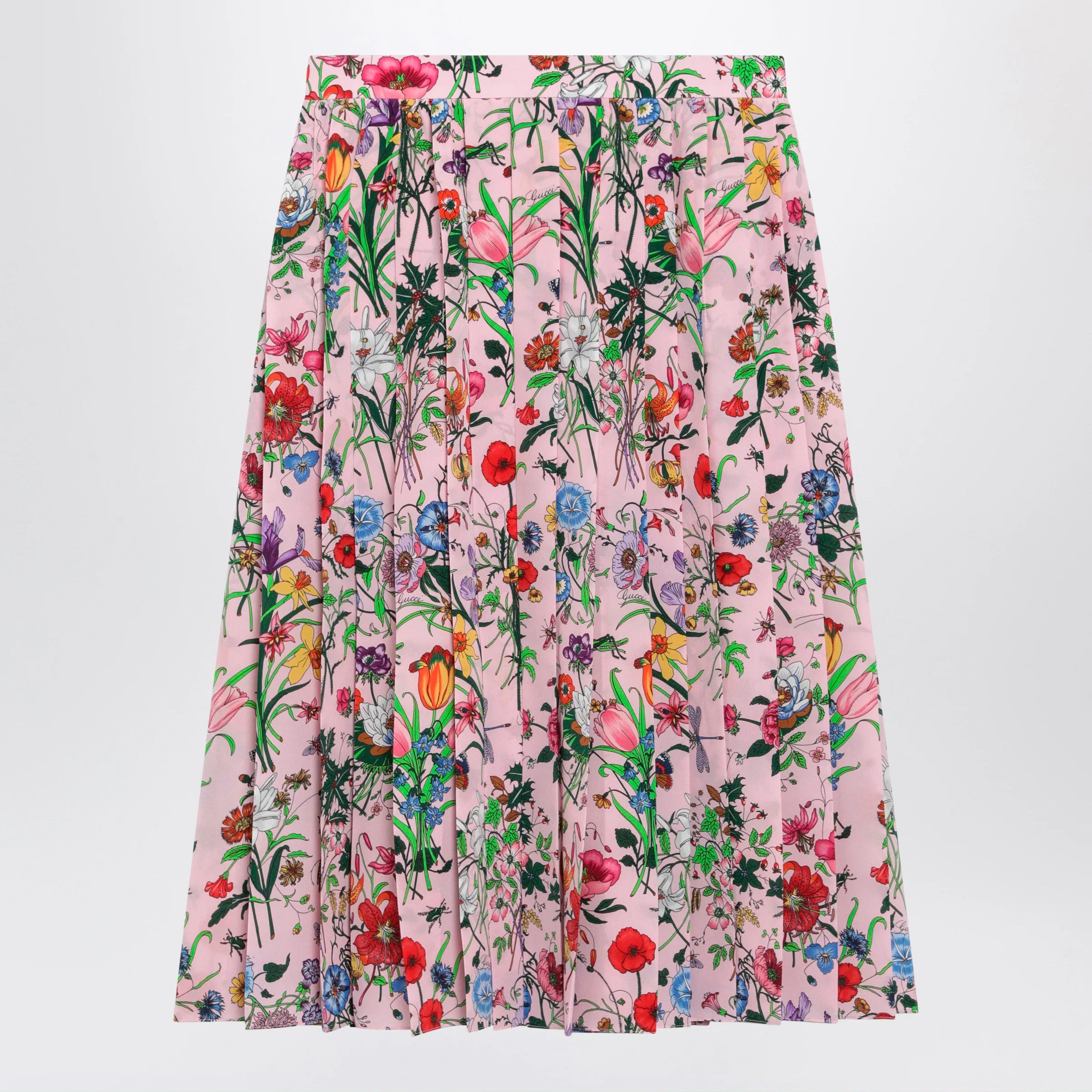 GUCCI Flora-print pleated silk midi skirt in pink