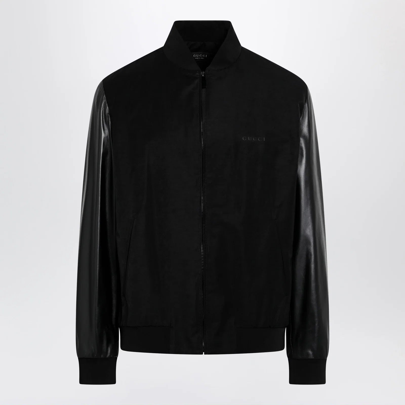 GUCCI Fabric bomber with nappa leather sleeves, black