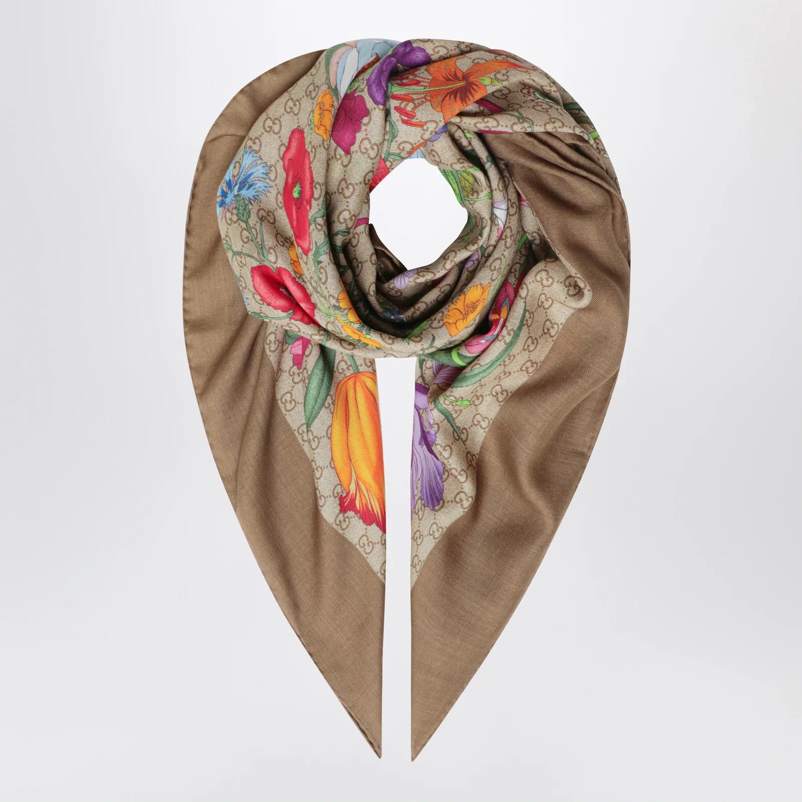 GUCCI Wool and silk shawl with Flora and GG print in shell