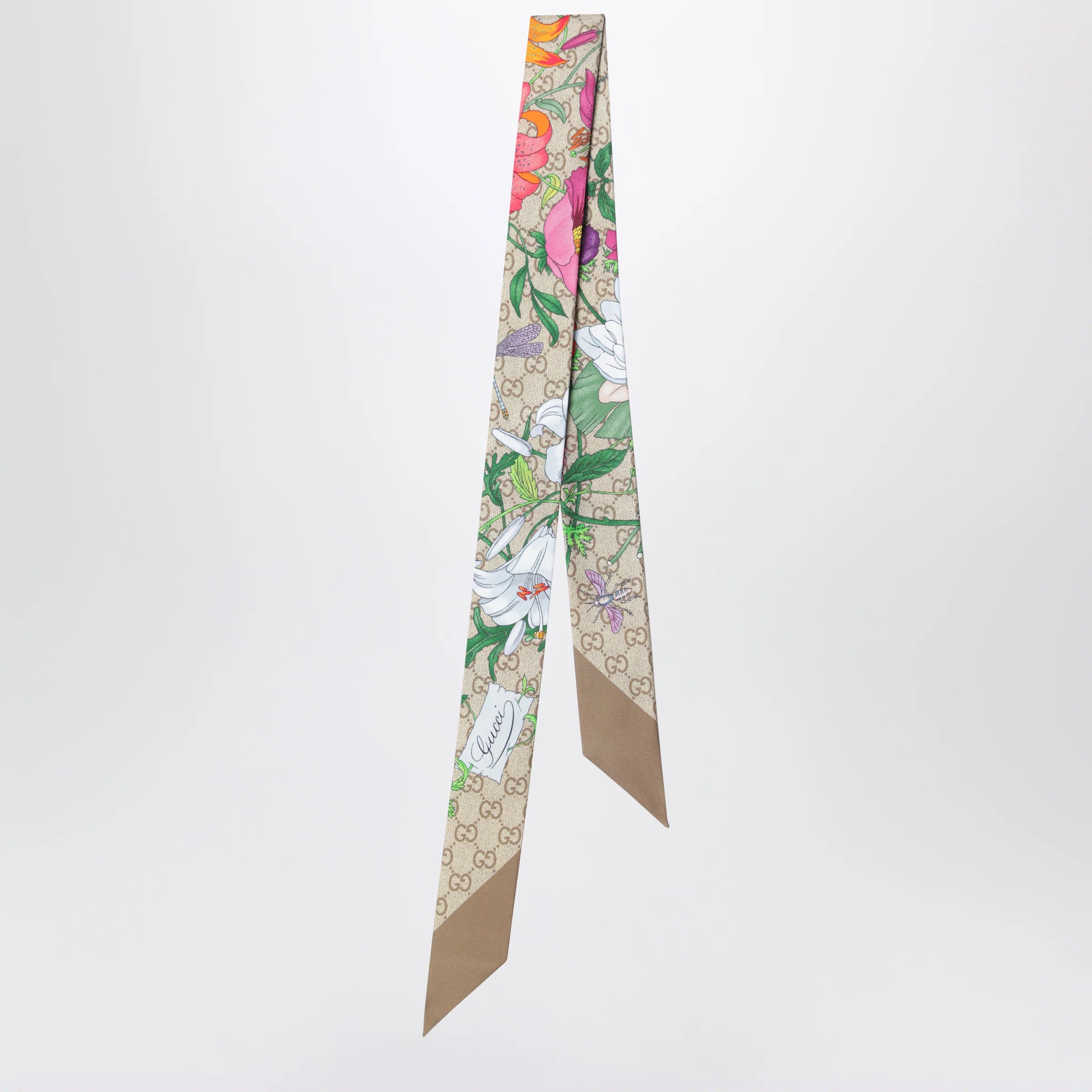 GUCCI Silk ribbon with GG Flora print in light brown