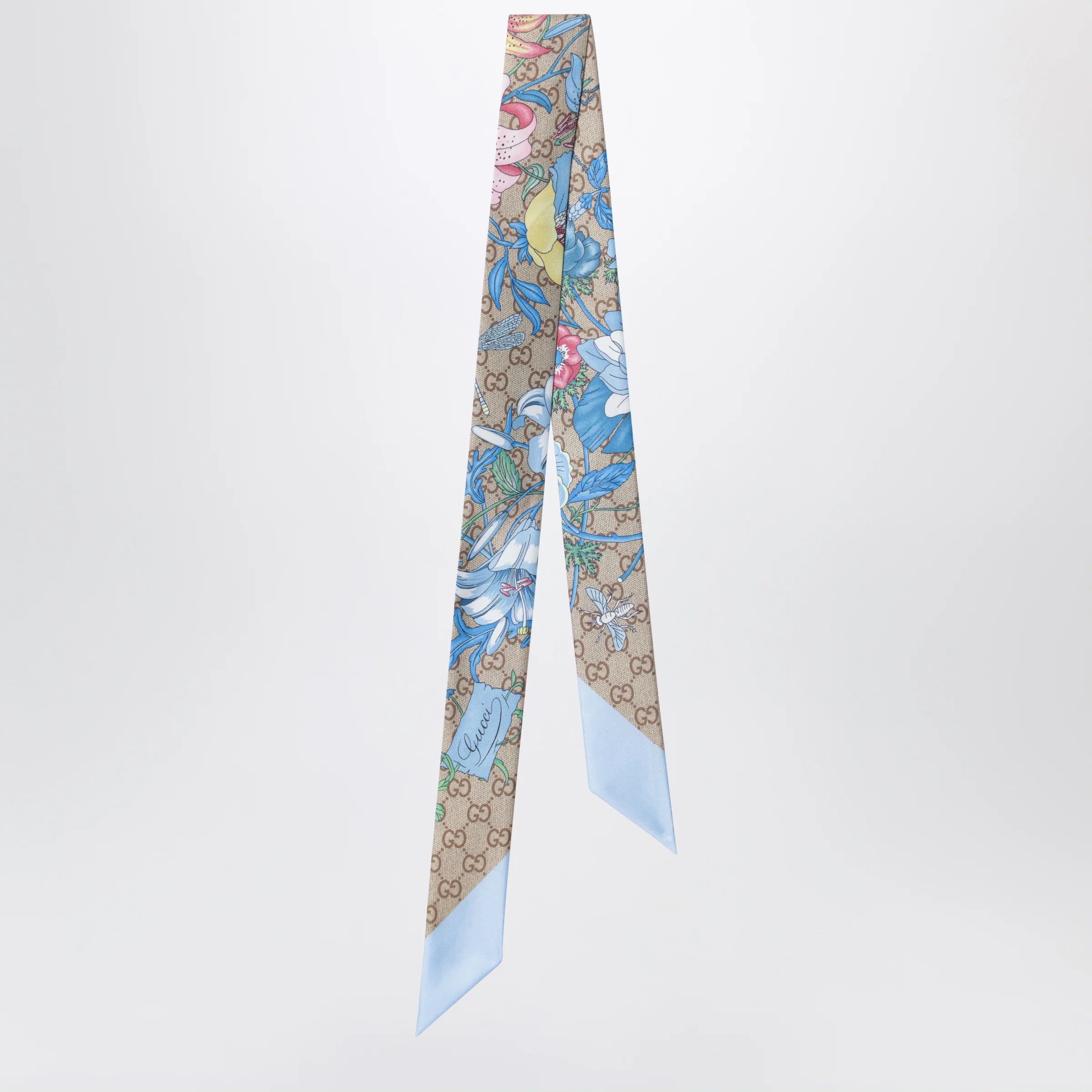 GUCCI Printed silk ribbon with Flora motif in light blue
