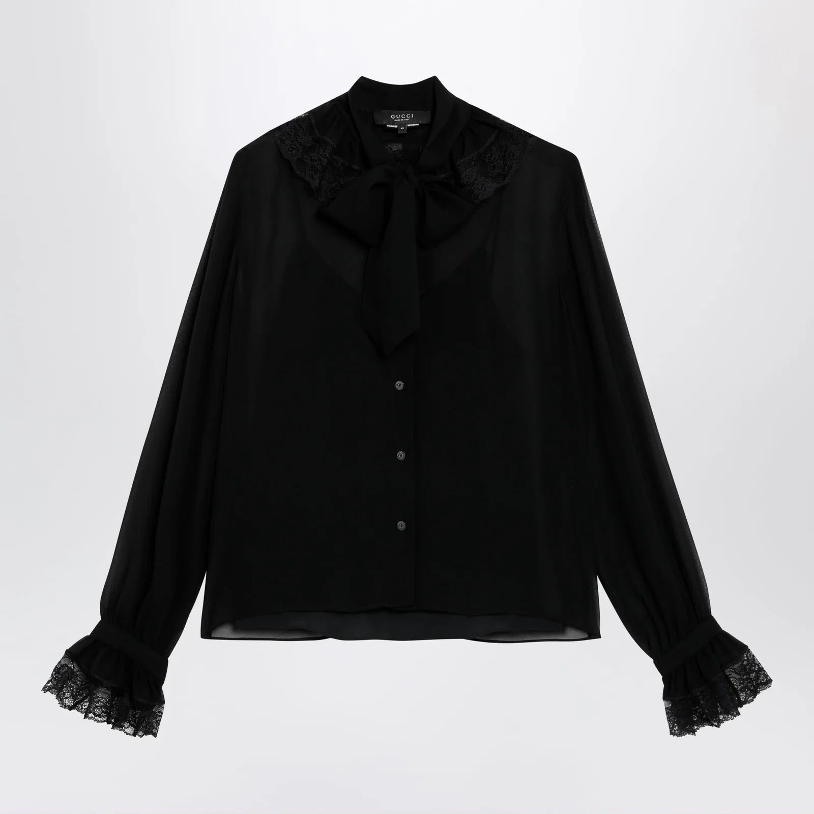 GUCCI Black lightweight silk georgette shirt with lace