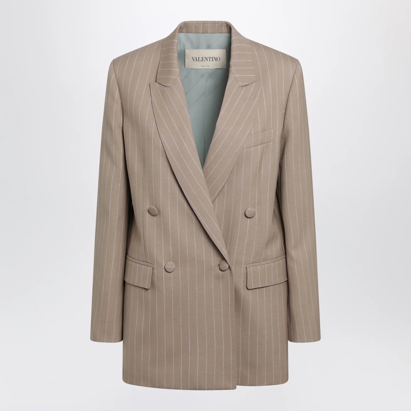 Valentino Double-Breasted Pinstripe Jacket in Mud/Ivory Virgin Wool