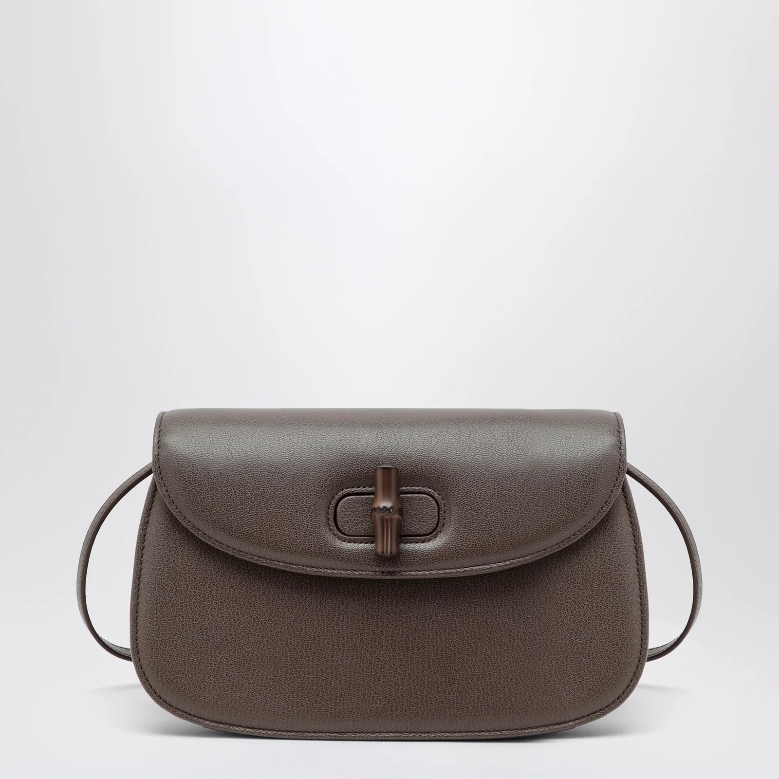 GUCCI Small shoulder bag in dark taupe leather with bamboo closure