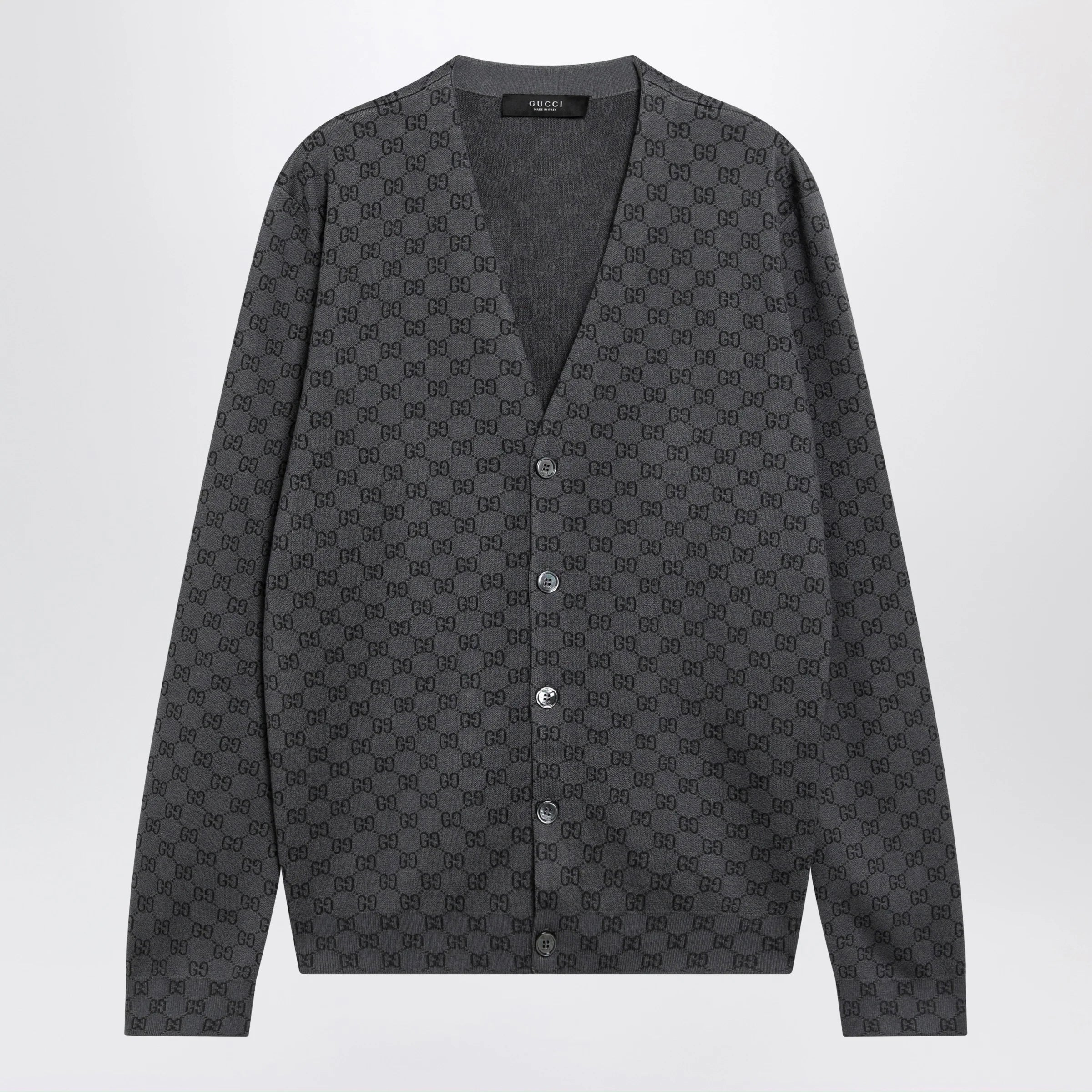 GUCCI Grey wool and silk cardigan with GG motif