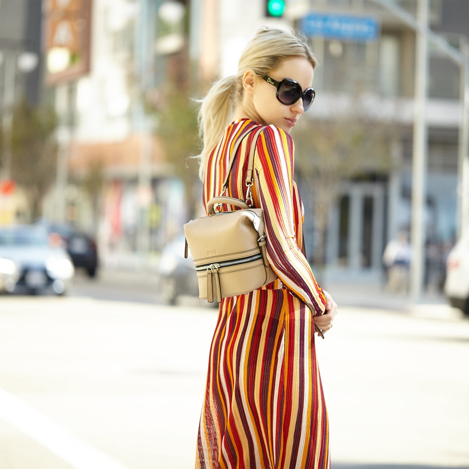 Ashley Small Leather Backpack Purse Beige