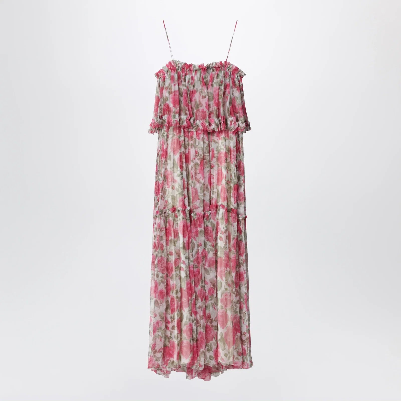 Chloé Long silk muslin dress with rose print, white/pink