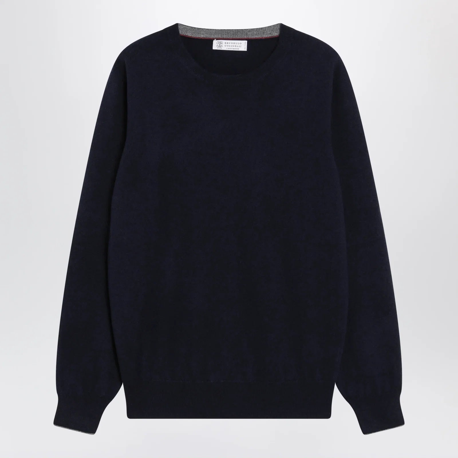 Brunello Cucinelli Navy blue cashmere crewneck sweater with contrast trim