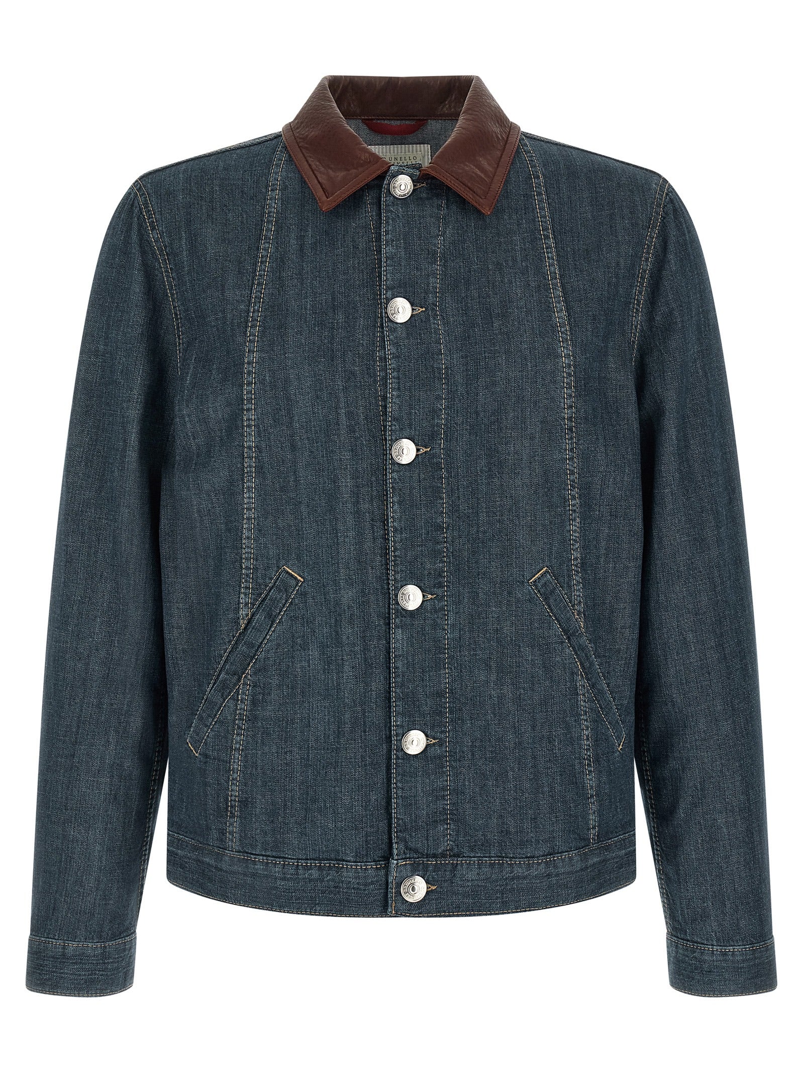 Brunello Cucinelli Leather Collar Denim Jacket
