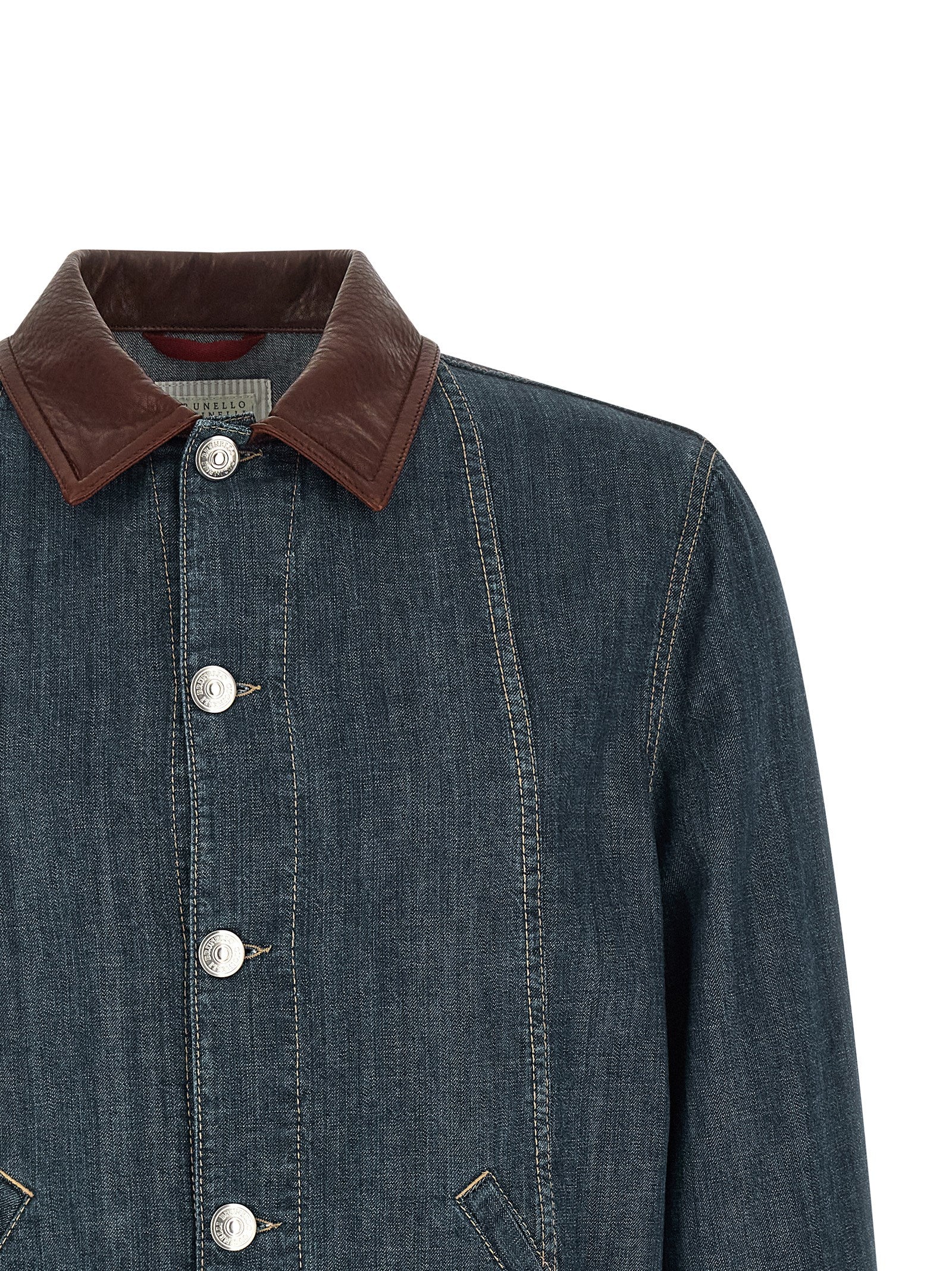 Brunello Cucinelli Leather Collar Denim Jacket