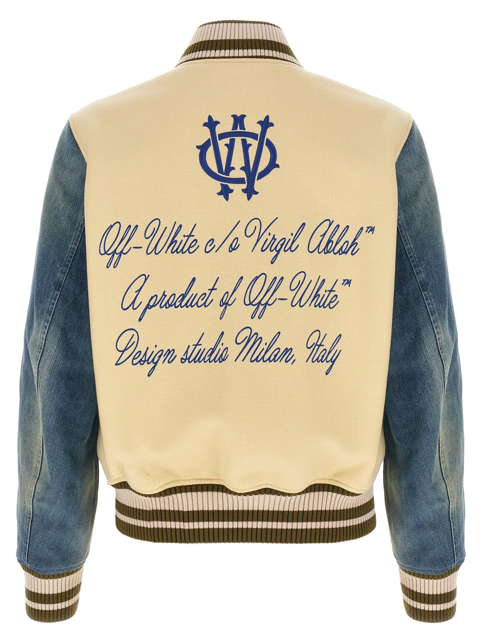 Off White Off-white Gothic Wool Denim Varsity Bomber Jacket