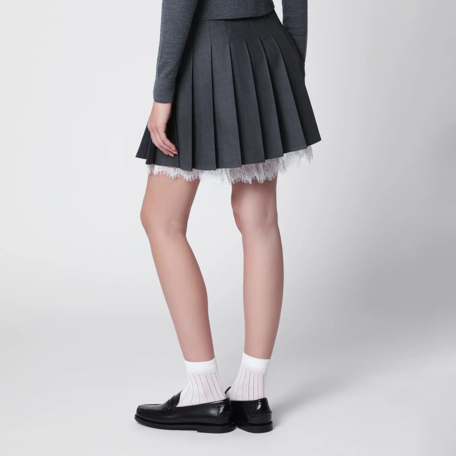 Self-Portrait SELF PORTRAIT Pleated wool mini skirt with lace trim in grey