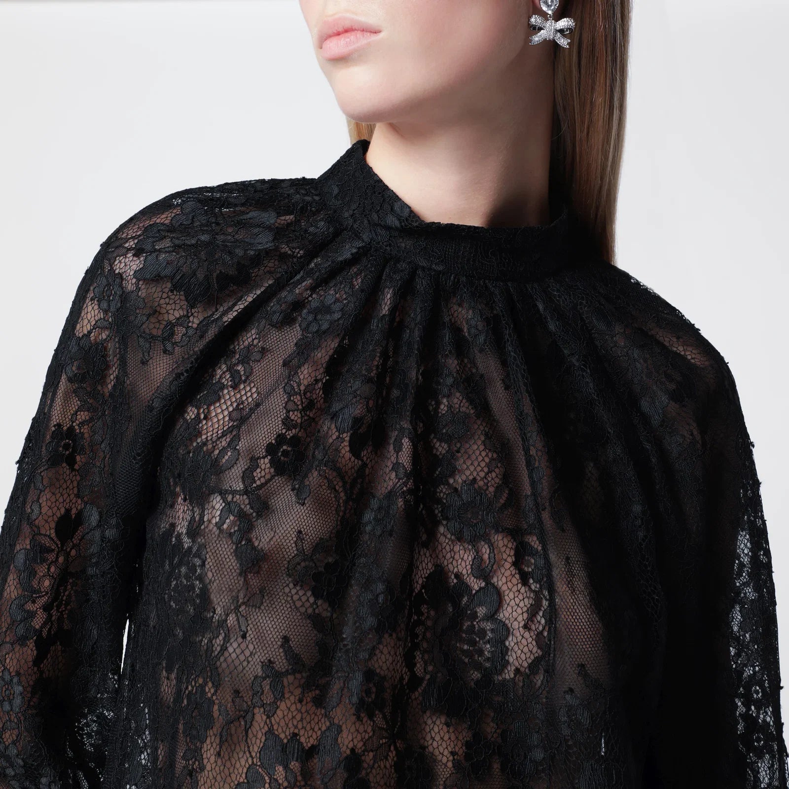 Self-Portrait High-neck lace blouse with long sleeves in black