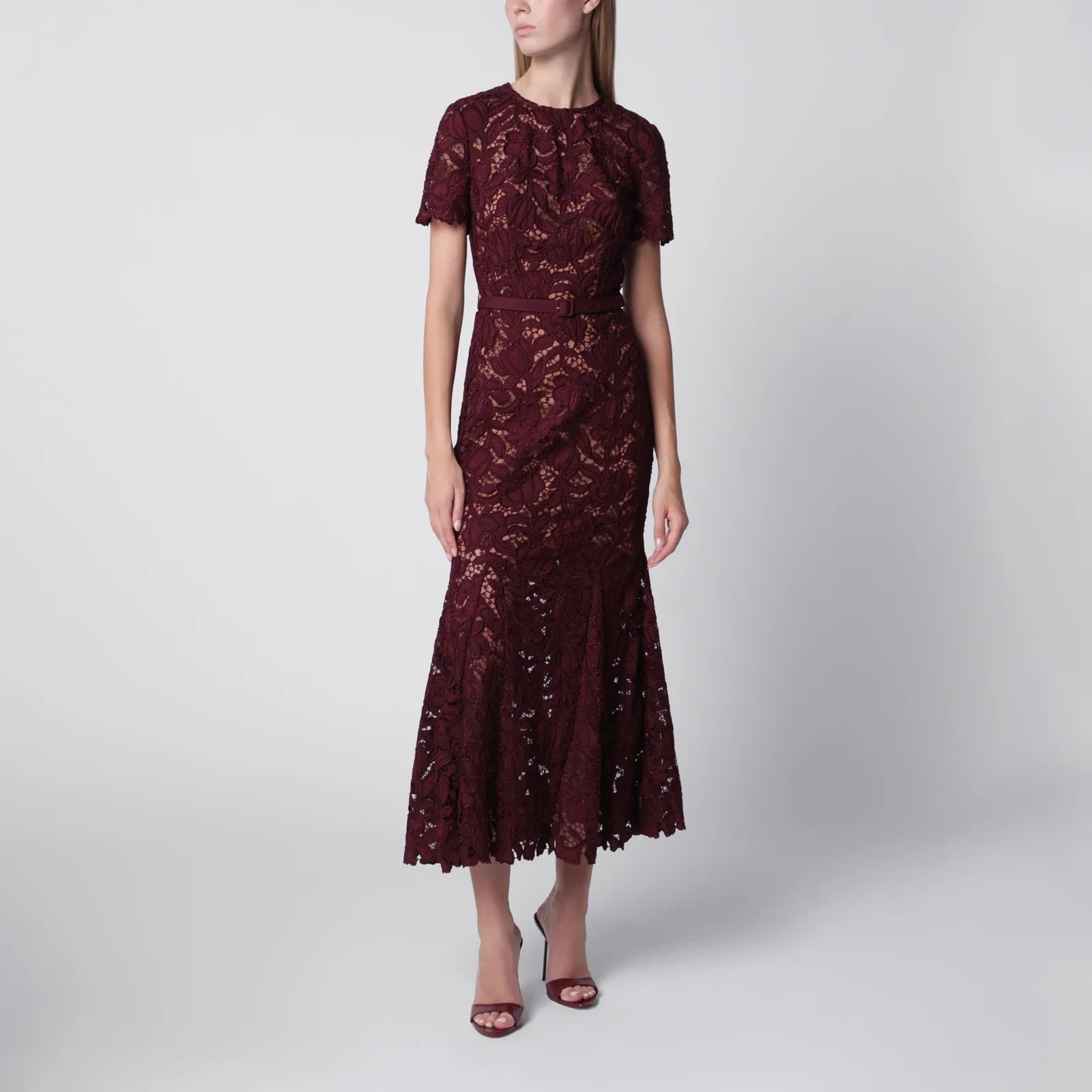 Self-Portrait Burgundy lace midi dress with removable belt