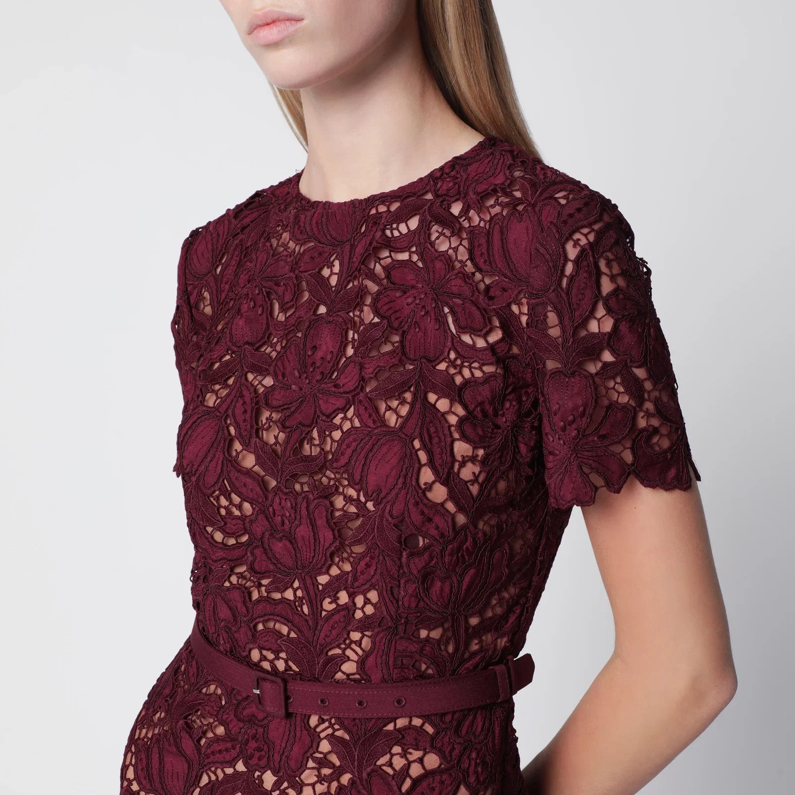 Self-Portrait SELF PORTRAIT Burgundy lace midi dress with removable belt