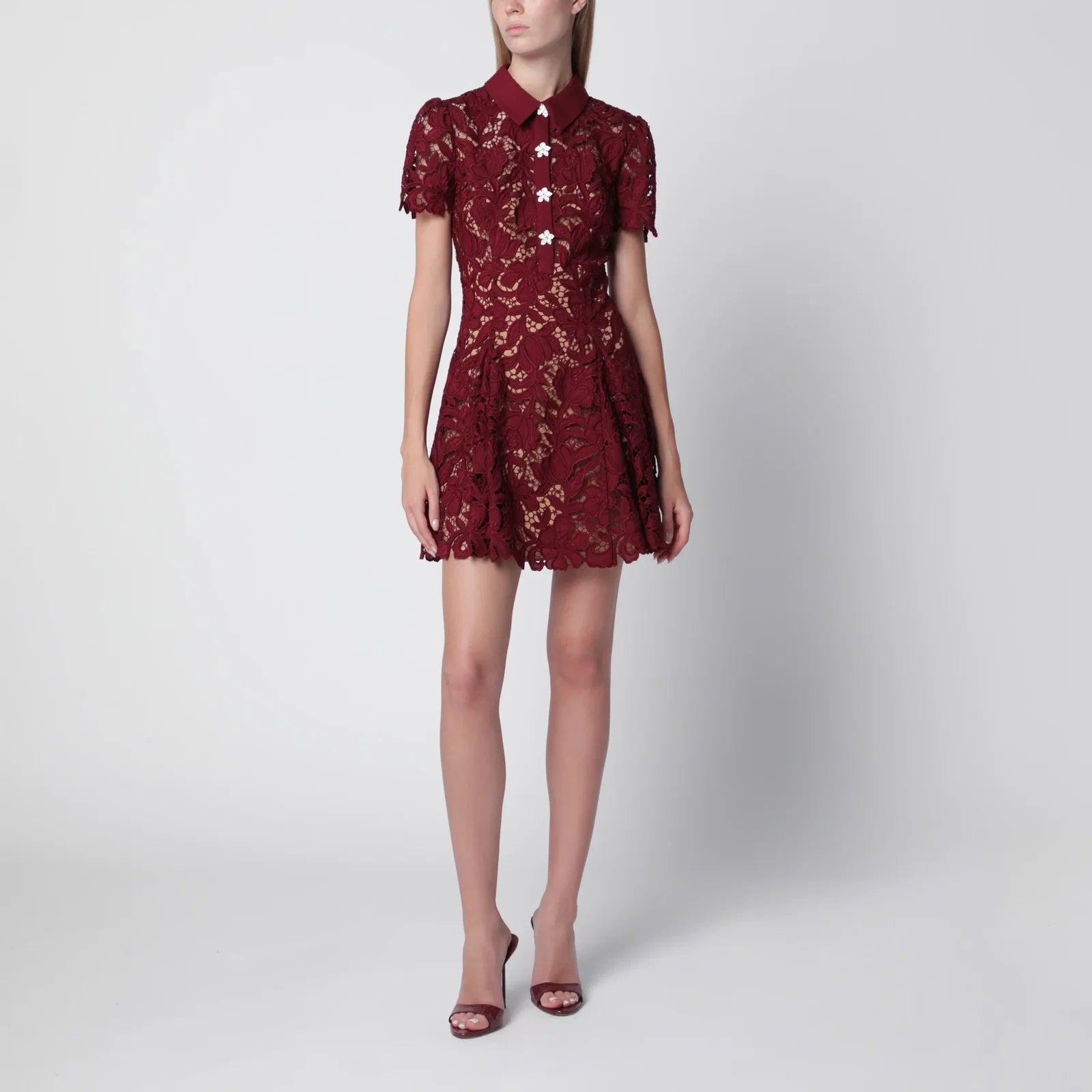 Self-Portrait SELF PORTRAIT Lace mini dress with floral buttons in burgundy
