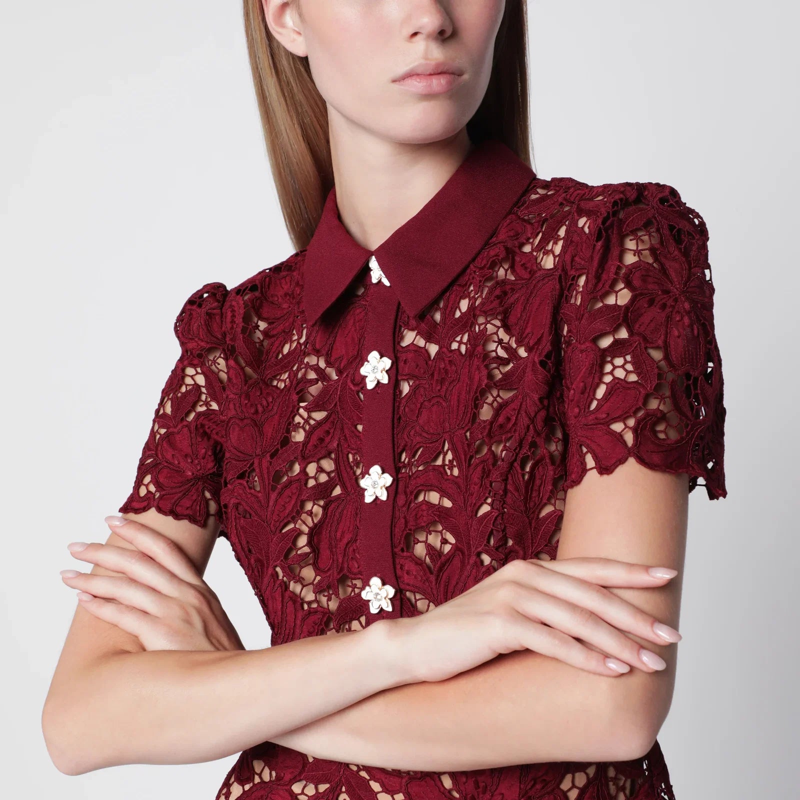 Self-Portrait SELF PORTRAIT Lace mini dress with floral buttons in burgundy