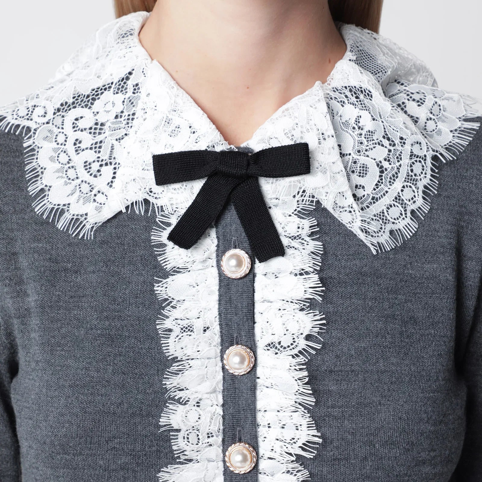 Self-Portrait SELF PORTRAIT Knitted wool cardigan with lace collar in grey