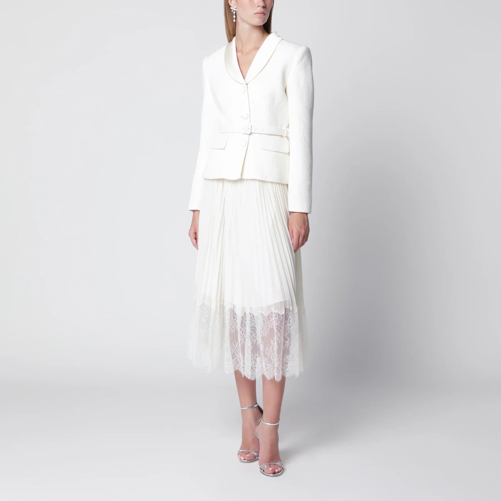 Self-Portrait Bouclé shawl-collar midi dress in cream