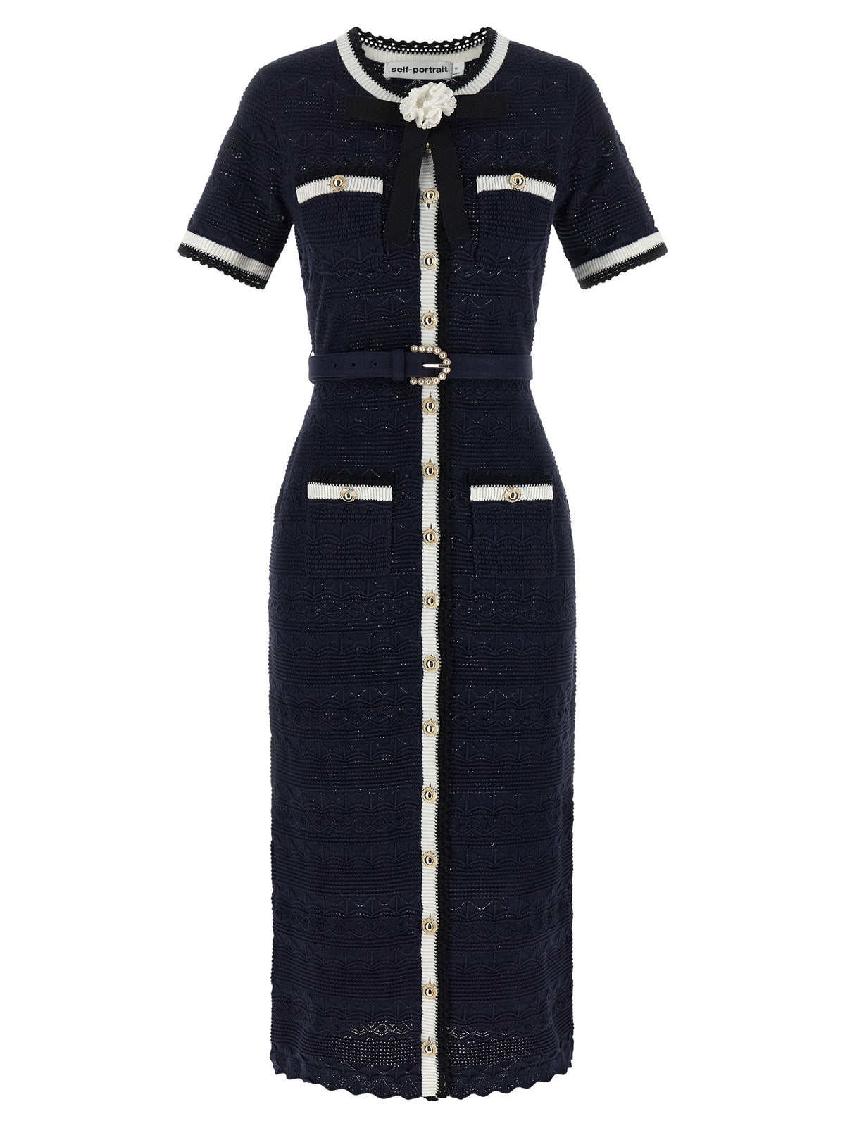 Self-Portrait Navy Pointelle Knit Midi Dress